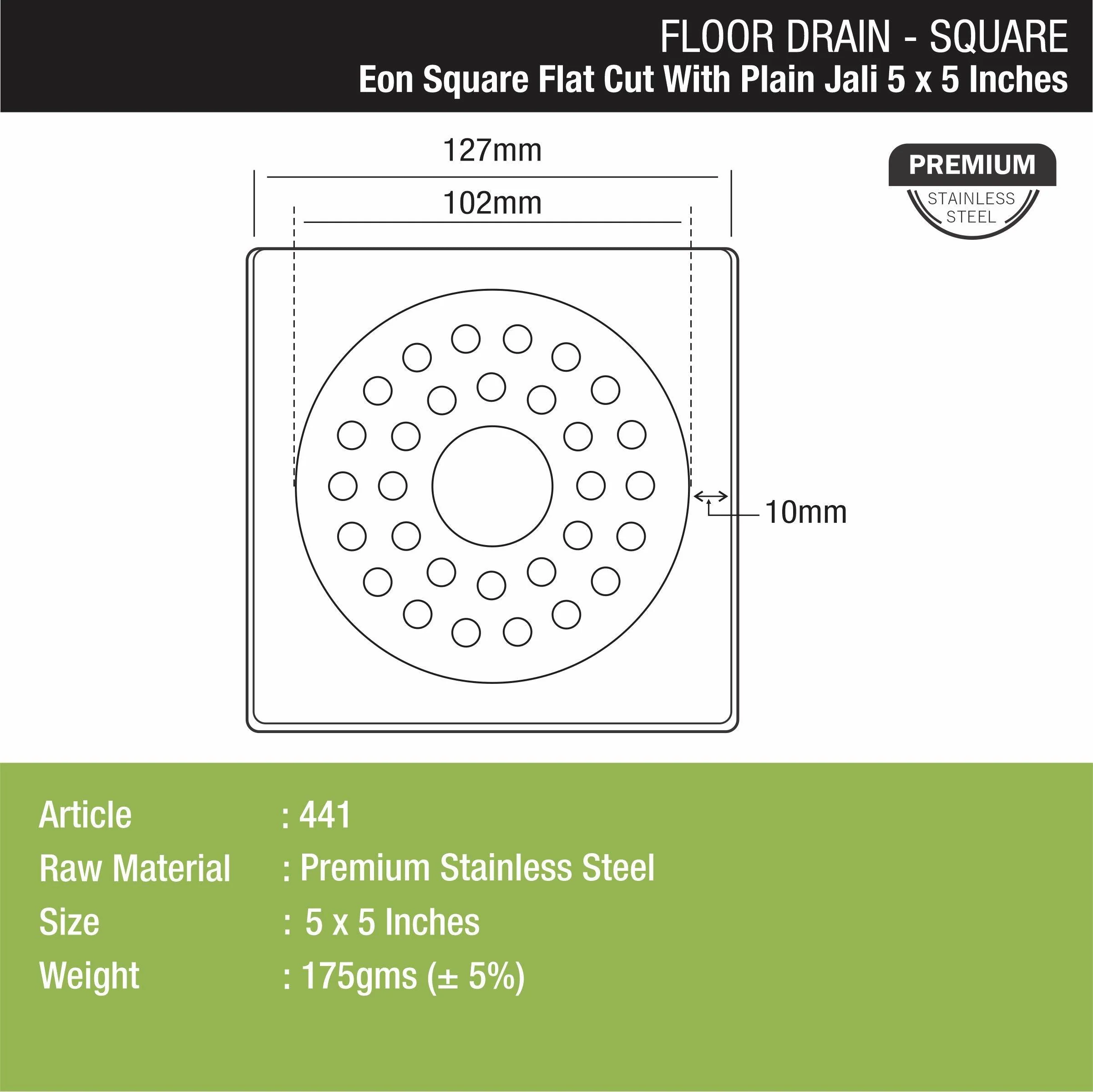 Eon Square Flat Cut  Floor Drain with Plain Jali and Hole (5 x 5 Inches) - LIPKA - Image 2