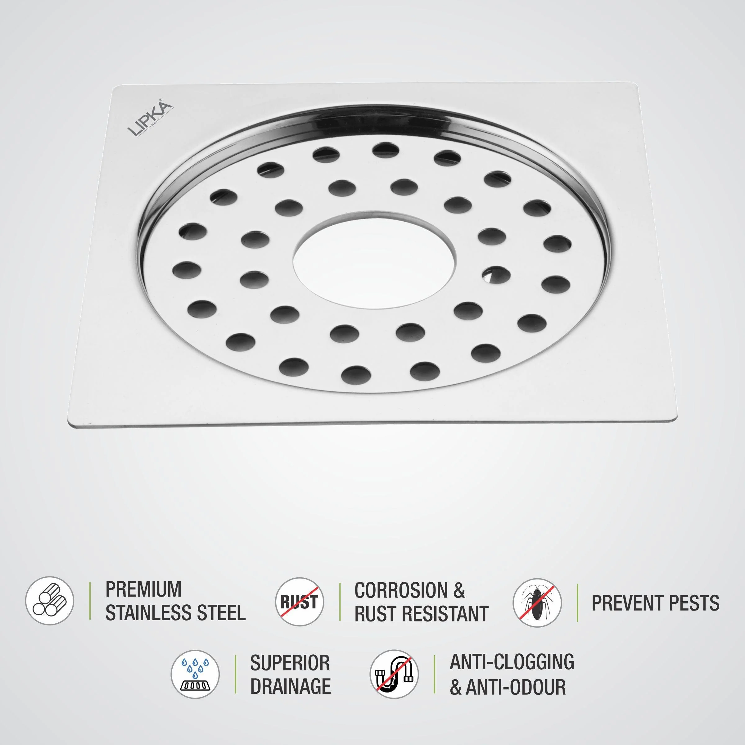 Eon Square Flat Cut  Floor Drain with Plain Jali and Hole (5 x 5 Inches) - LIPKA - Image 3
