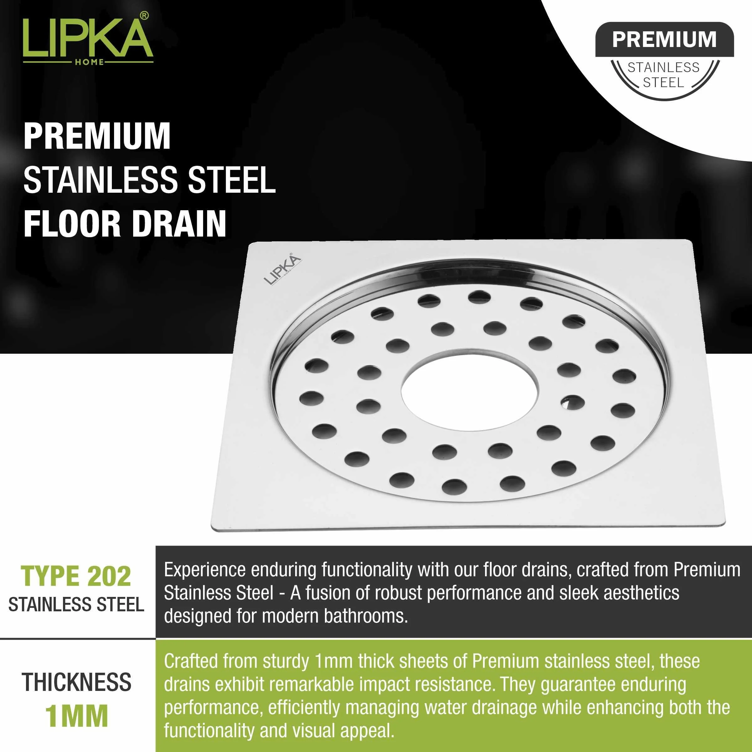Eon Square Flat Cut  Floor Drain with Plain Jali and Hole (5 x 5 Inches) - LIPKA - Image 4