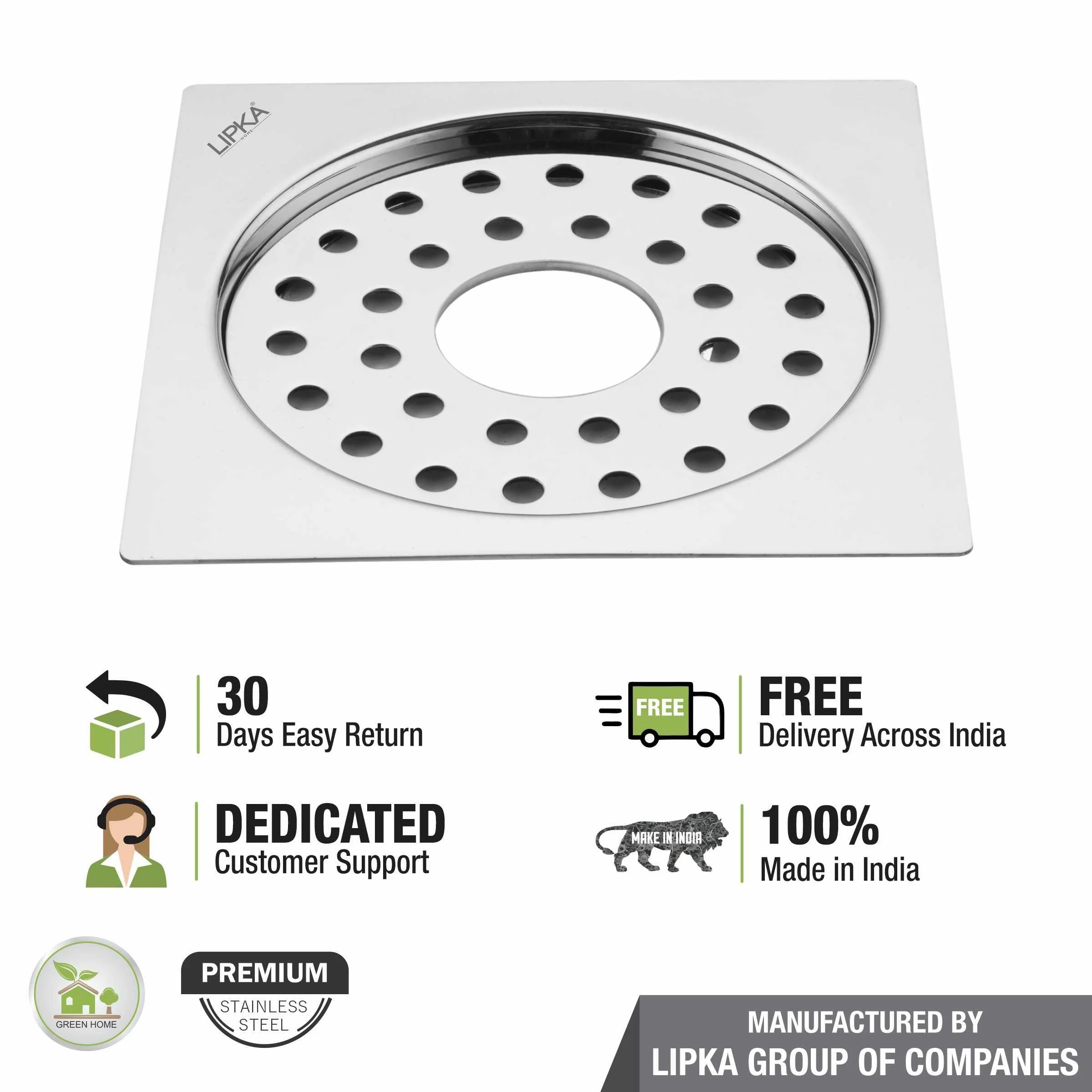 Eon Square Flat Cut  Floor Drain with Plain Jali and Hole (5 x 5 Inches) - LIPKA - Image 5