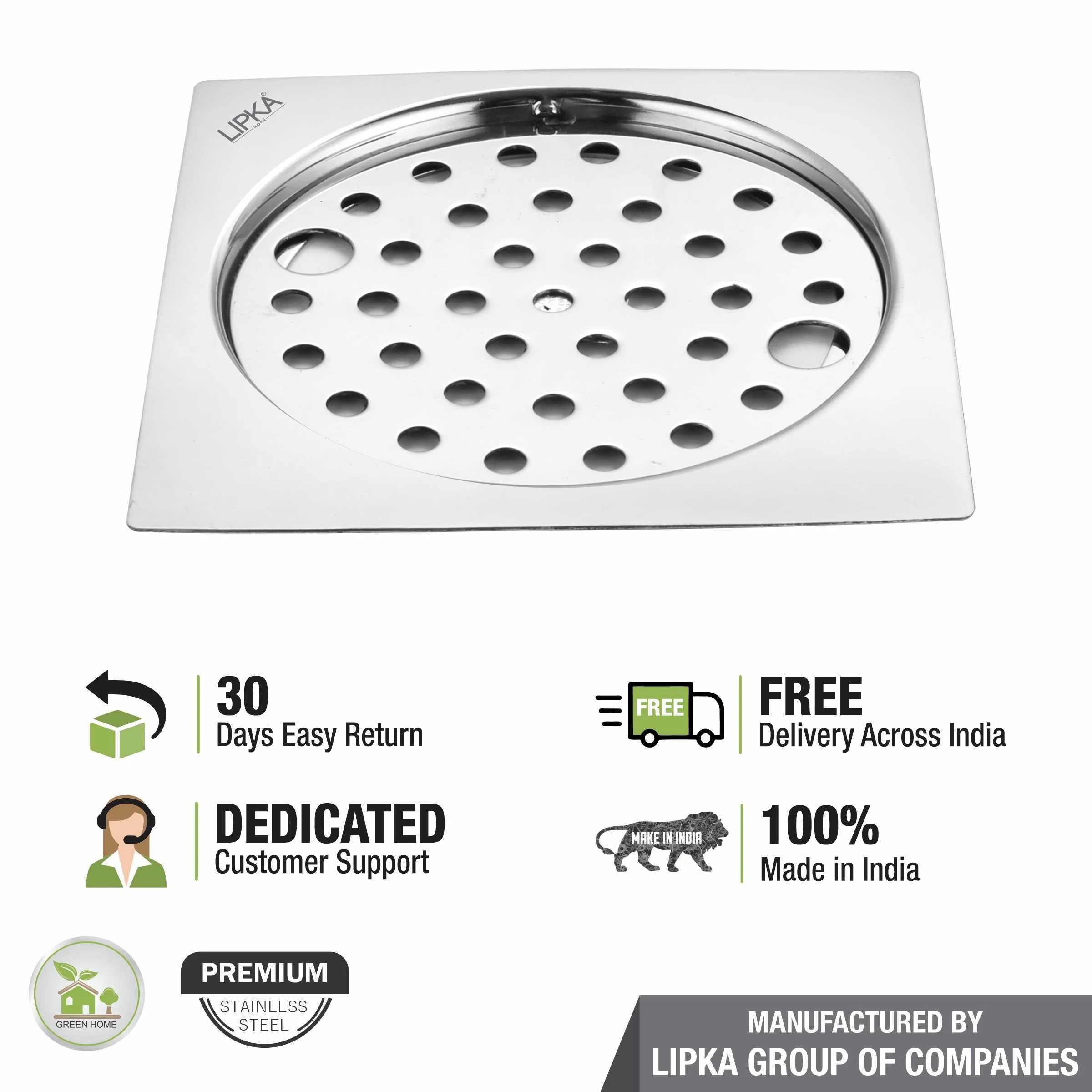 Eon Square Flat Cut Floor Drain with Plain Jali and Lock (5 x 5 Inches) - LIPKA - Image 5