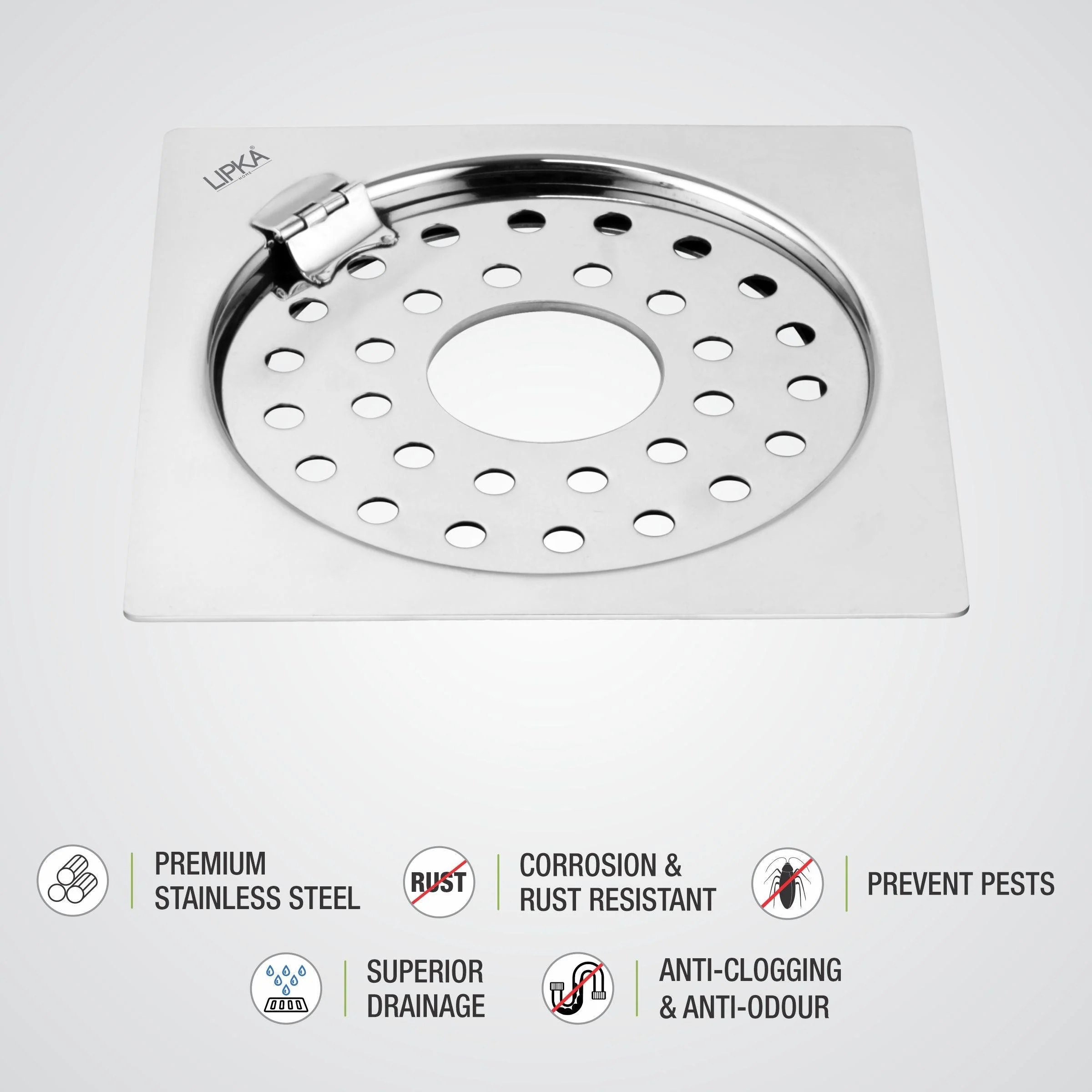 Eon Square Flat Cut Floor Drain with Plain Jali, Hinge and Hole (6 x 6 Inches) - LIPKA - Image 3