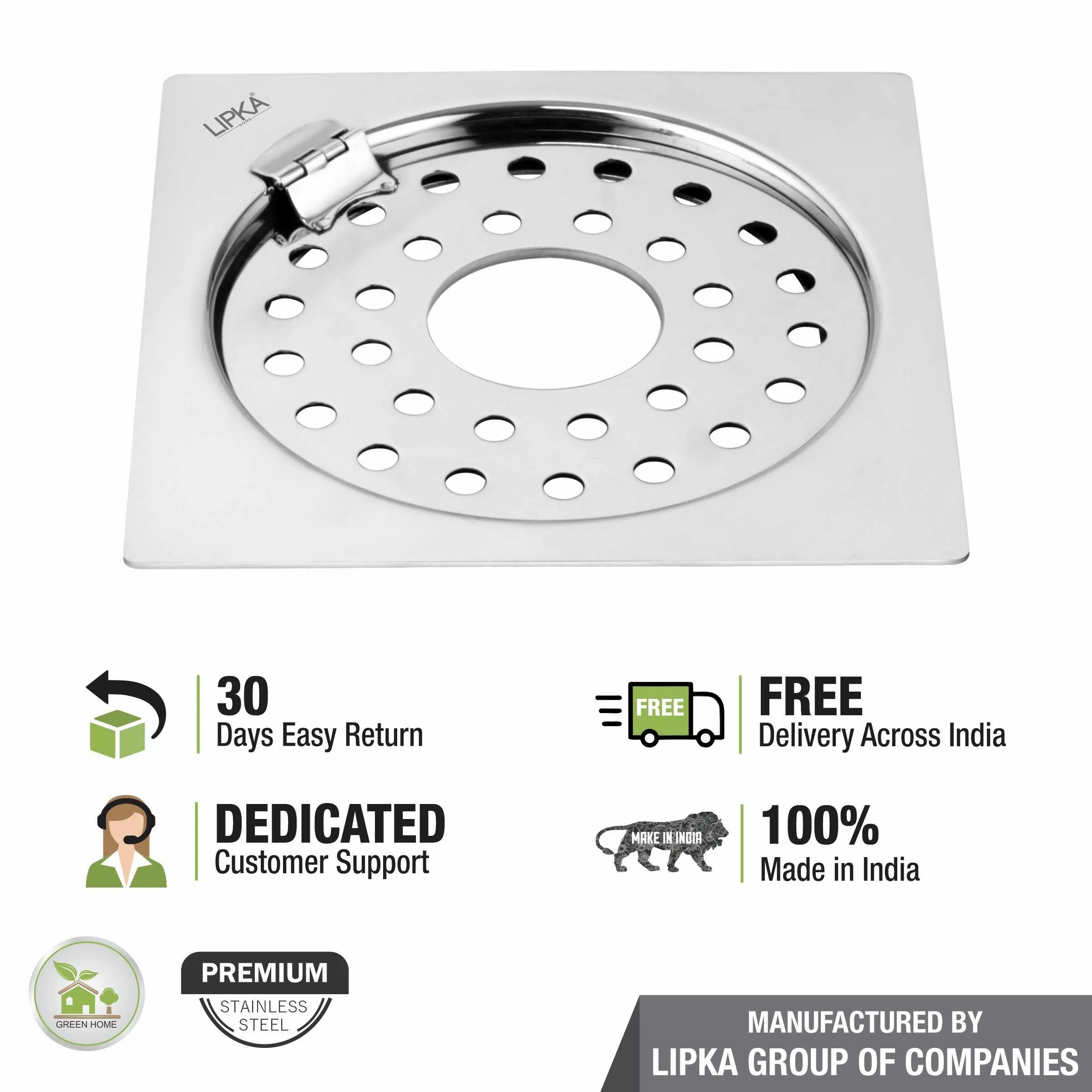 Eon Square Flat Cut Floor Drain with Plain Jali, Hinge and Hole (6 x 6 Inches) - LIPKA - Image 5
