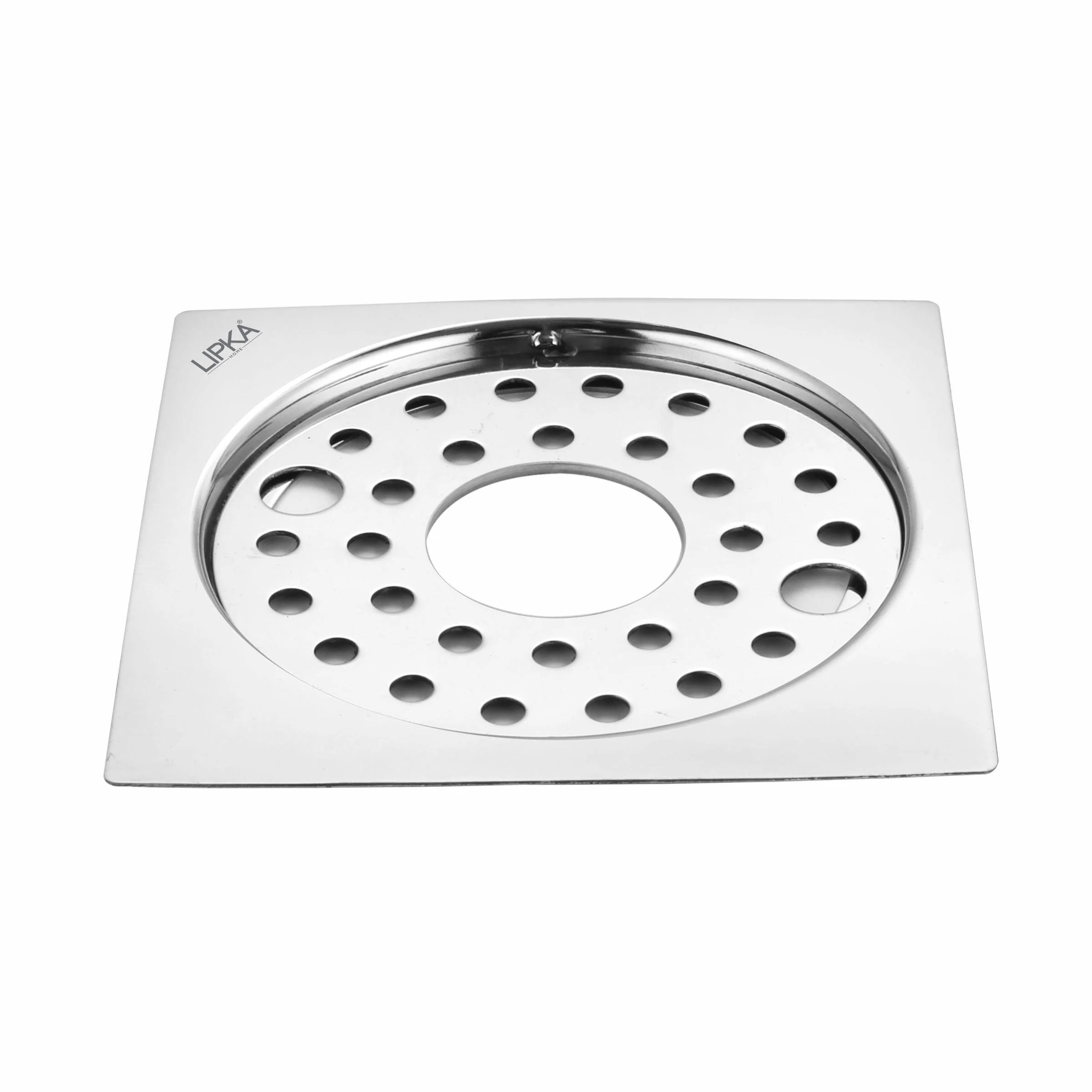 Eon Square Flat Cut Floor Drain with Plain Jali, Lock and Hole (5 x 5 Inches) - LIPKA