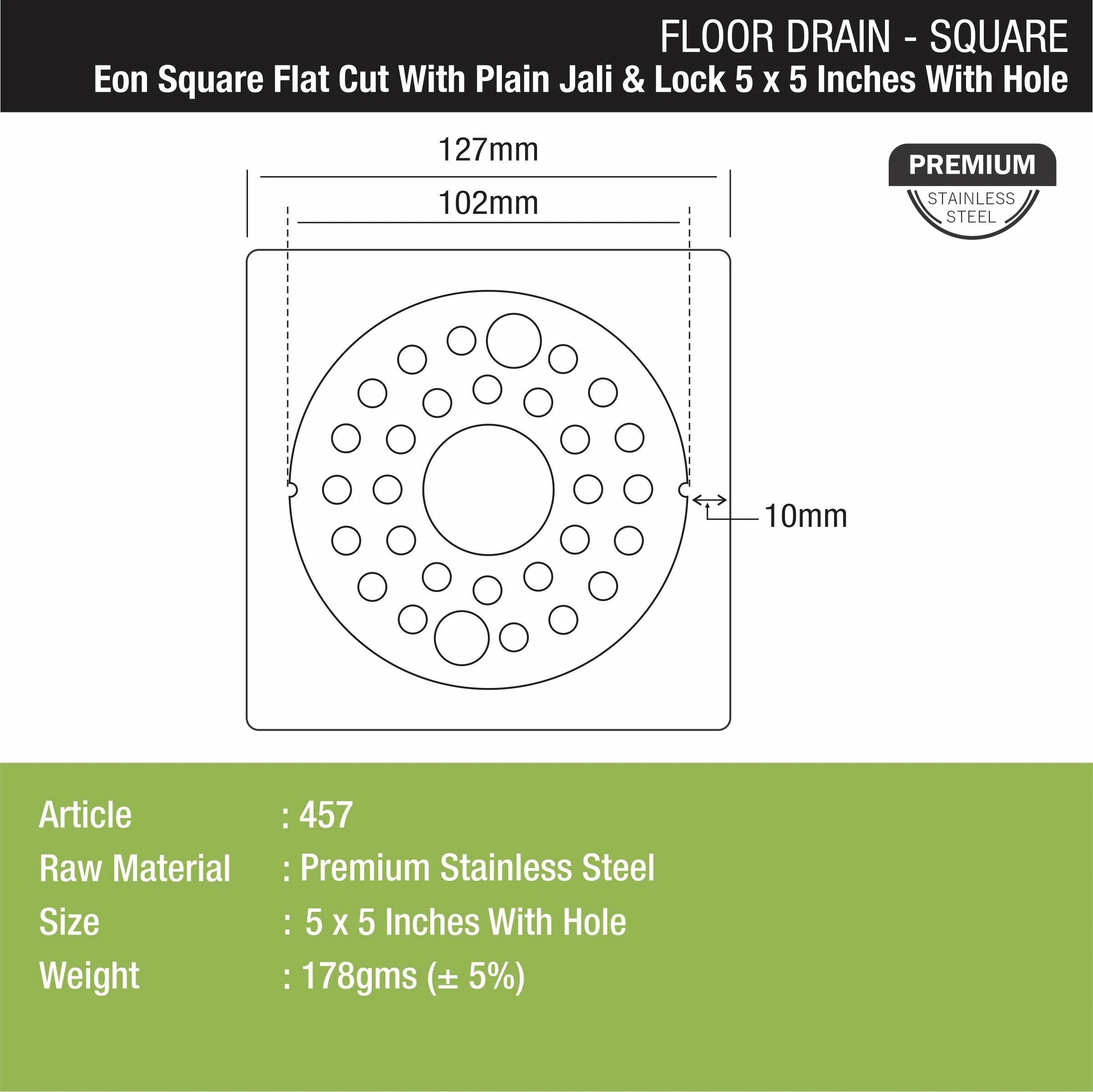 Eon Square Flat Cut Floor Drain with Plain Jali, Lock and Hole (5 x 5 Inches) - LIPKA - Image 3