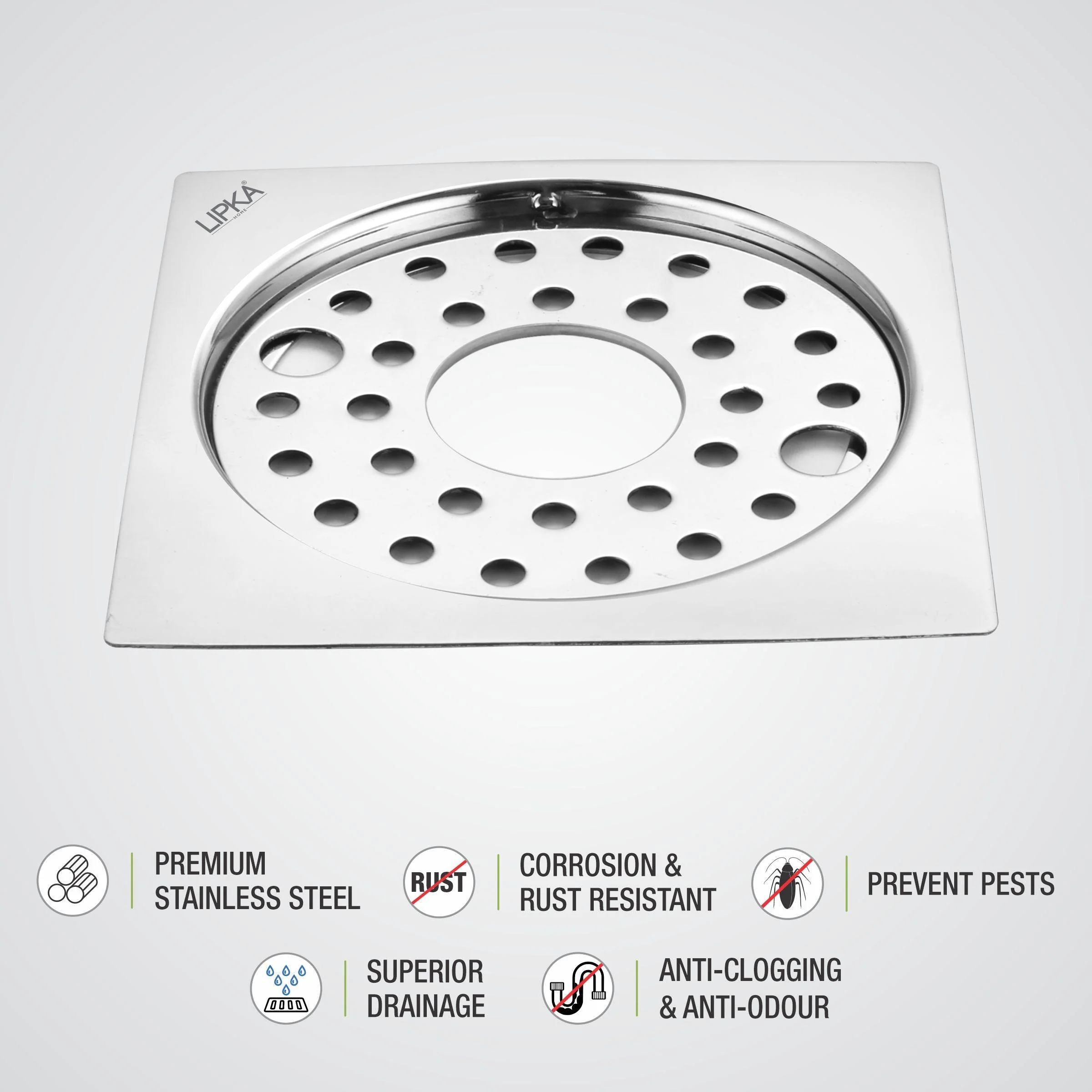 Eon Square Flat Cut Floor Drain with Plain Jali, Lock and Hole (5 x 5 Inches) - LIPKA - Image 4
