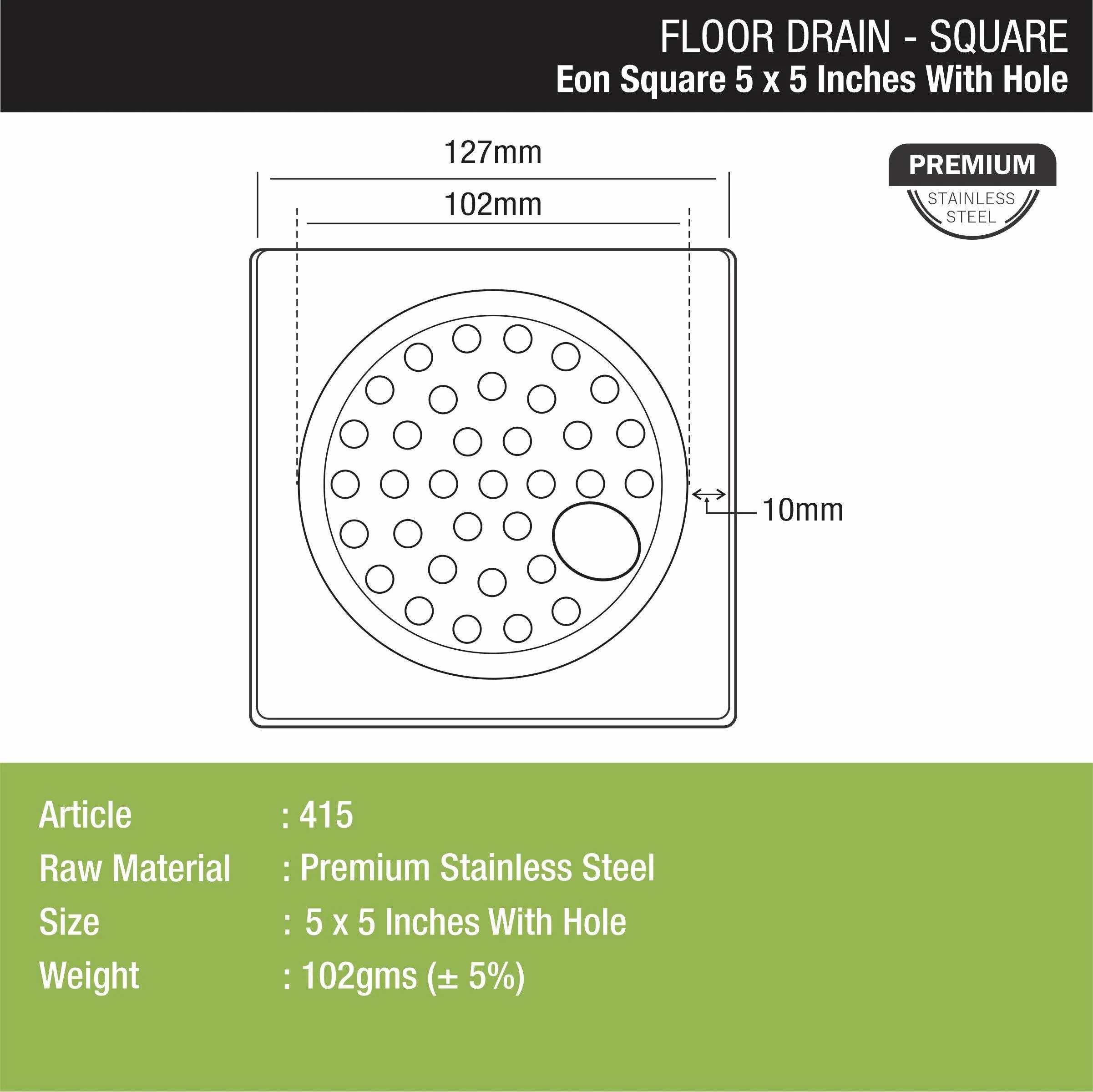 EON Square Floor Drain (5 x 5 Inches) with Hole - LIPKA - Image 2