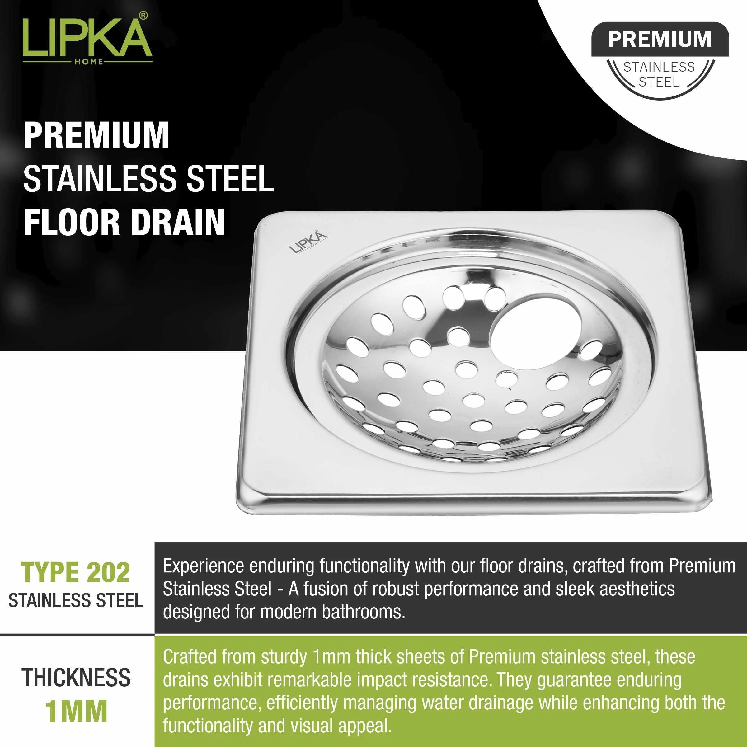 EON Square Floor Drain (5 x 5 Inches) with Hole - LIPKA - Image 4