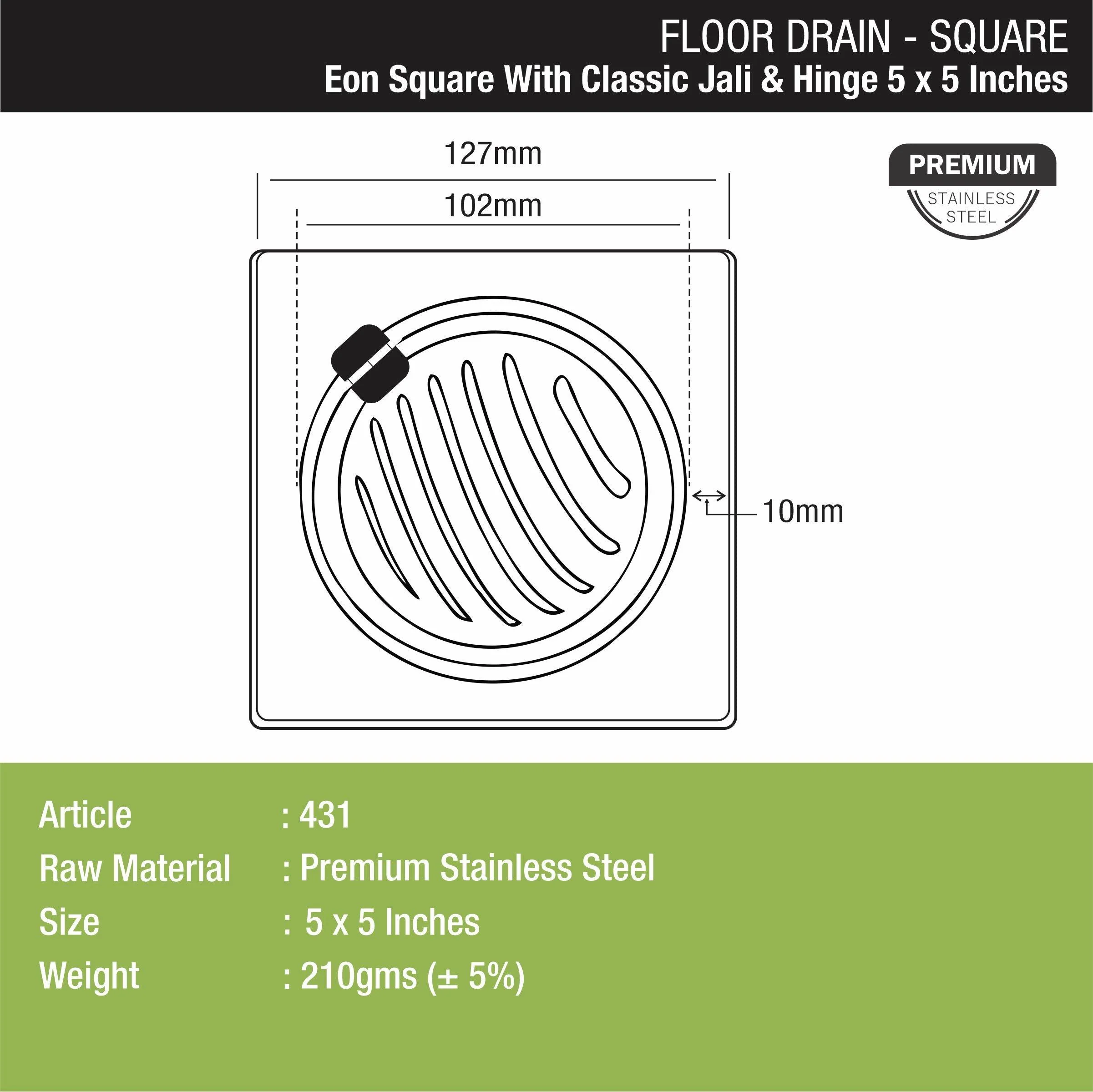 Eon Square Floor Drain with Classic Jali and Hinge  (5 x 5 Inches) - LIPKA - Image 2