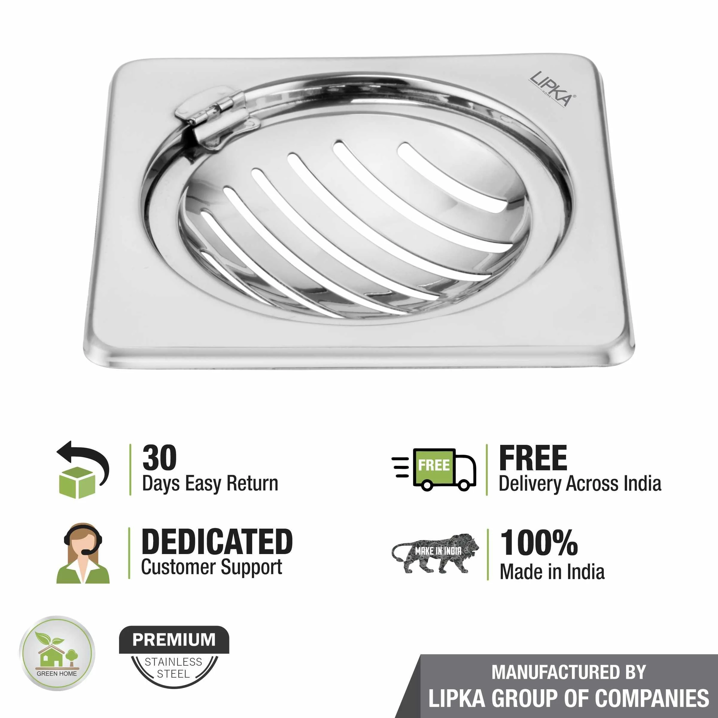 Eon Square Floor Drain with Classic Jali and Hinge  (5 x 5 Inches) - LIPKA - Image 4
