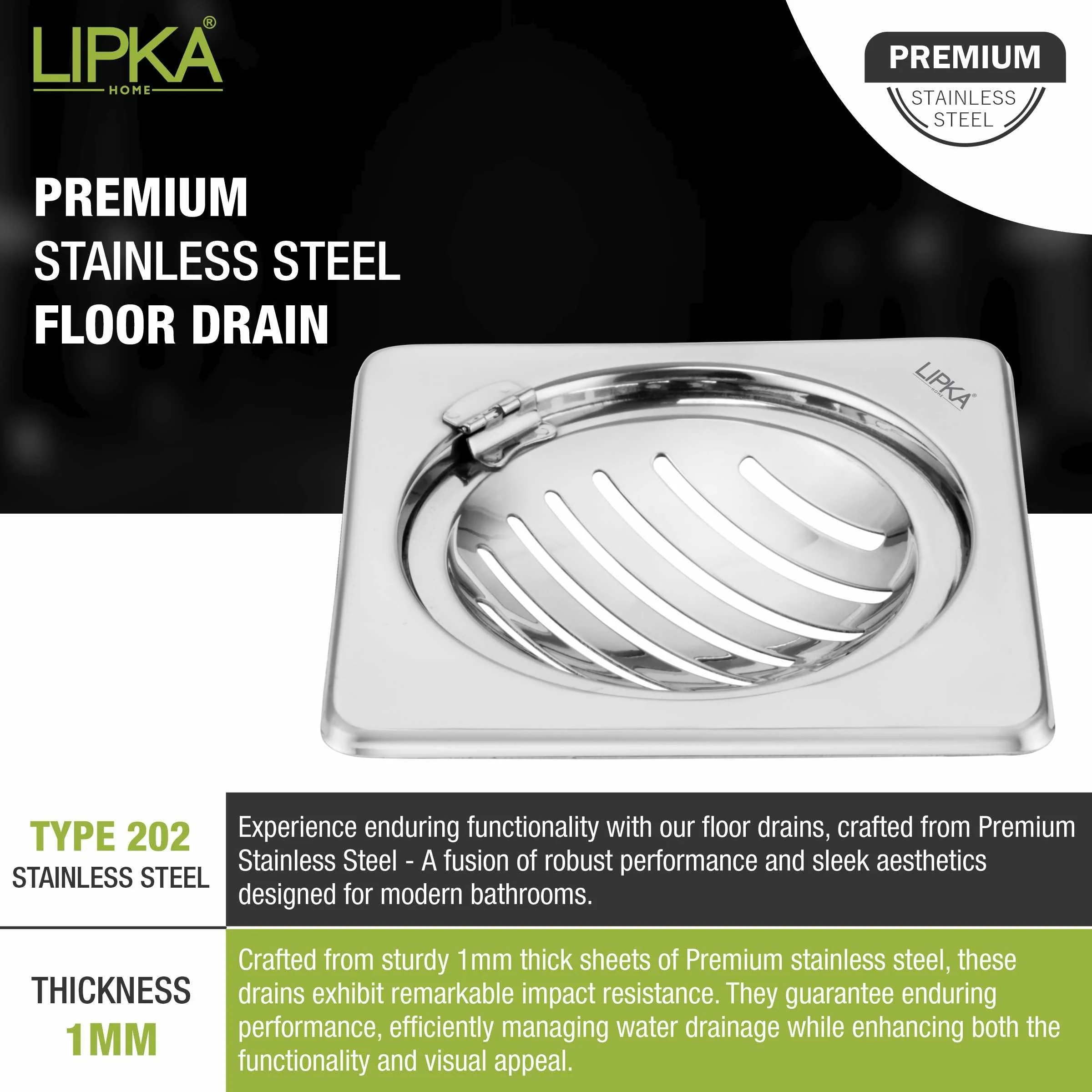 Eon Square Floor Drain with Classic Jali and Hinge  (5 x 5 Inches) - LIPKA - Image 5