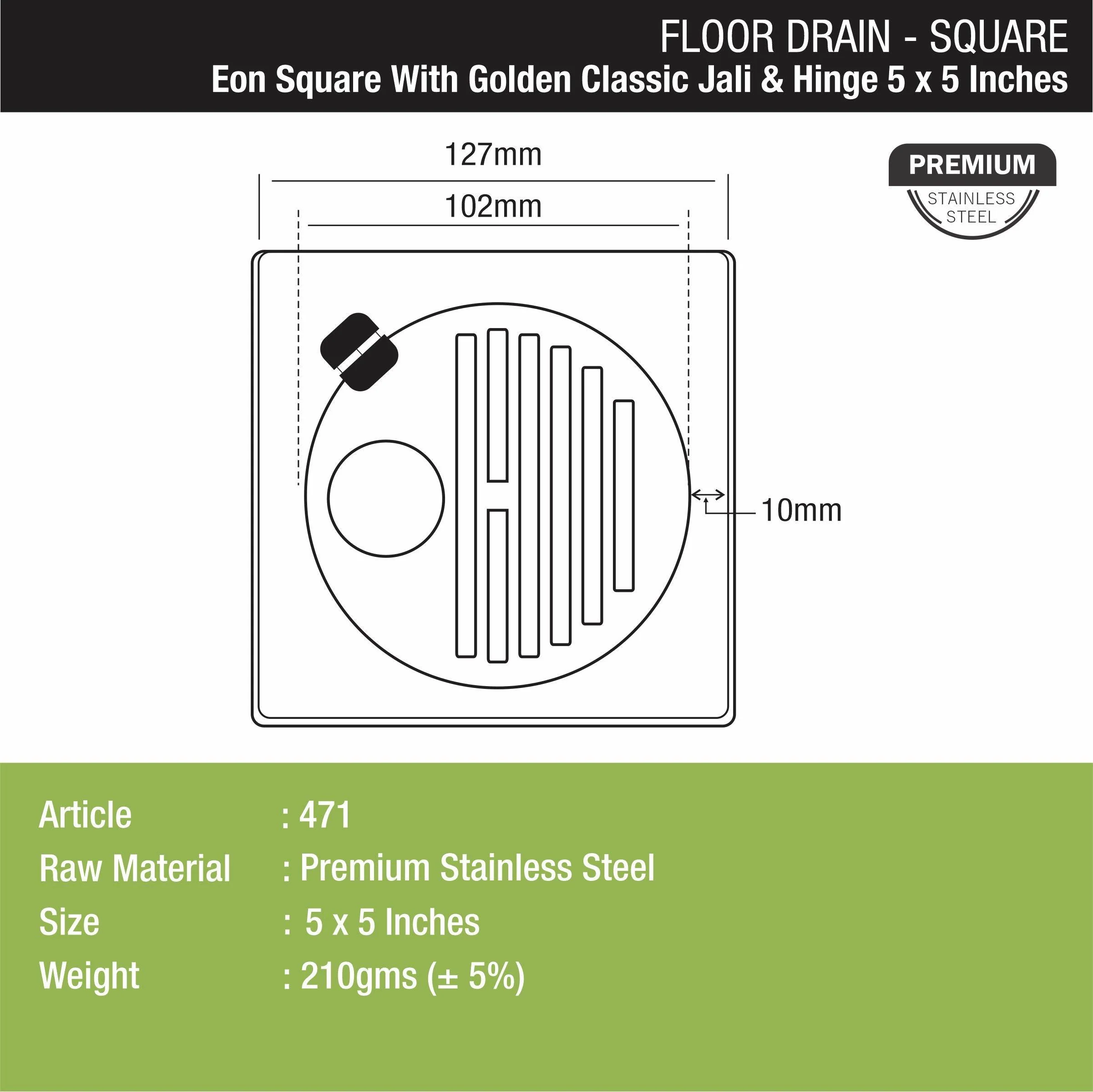 Eon Square Floor Drain with Golden Classic Jali, Hinge and Hole (5 x 5 Inches) - LIPKA - Image 2
