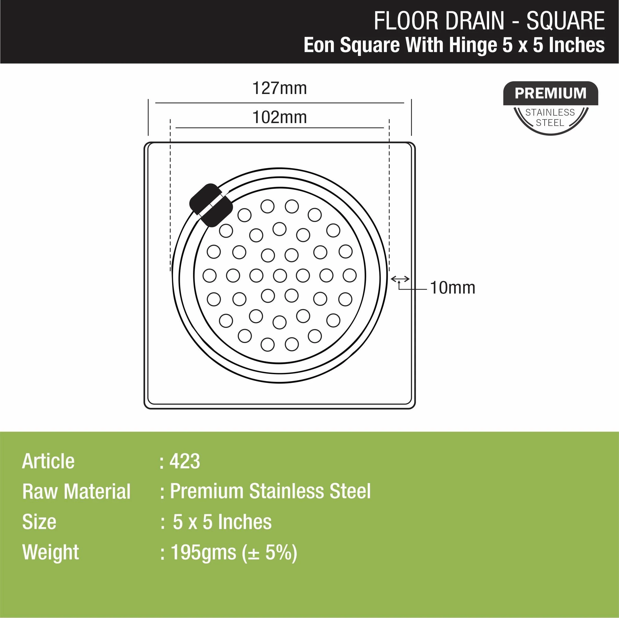 Eon Square Floor Drain with Hinge  (5 x 5 Inches) - LIPKA - Image 2