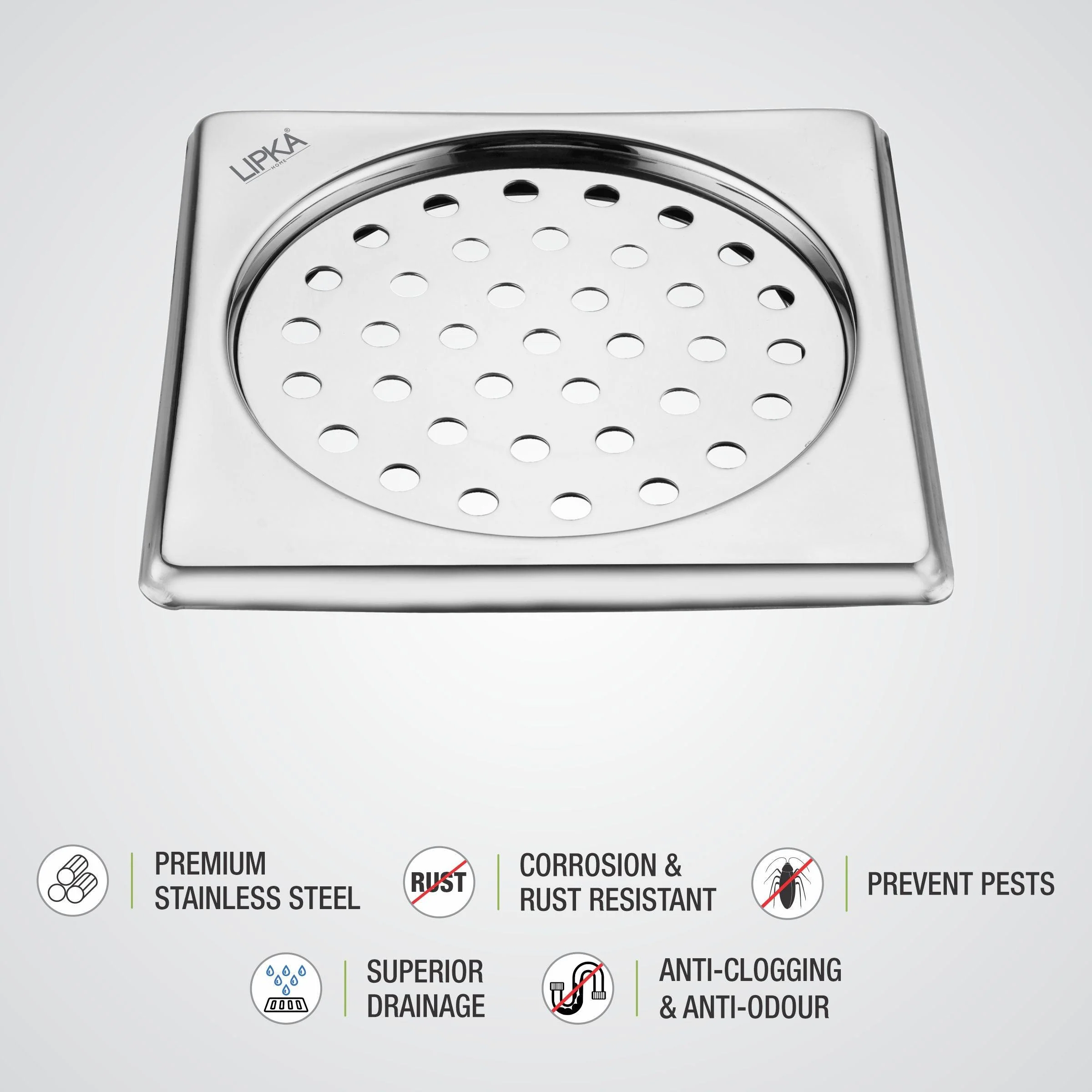 Eon Square Floor Drain with Plain Jali (6 x 6 Inches) - LIPKA - Image 4