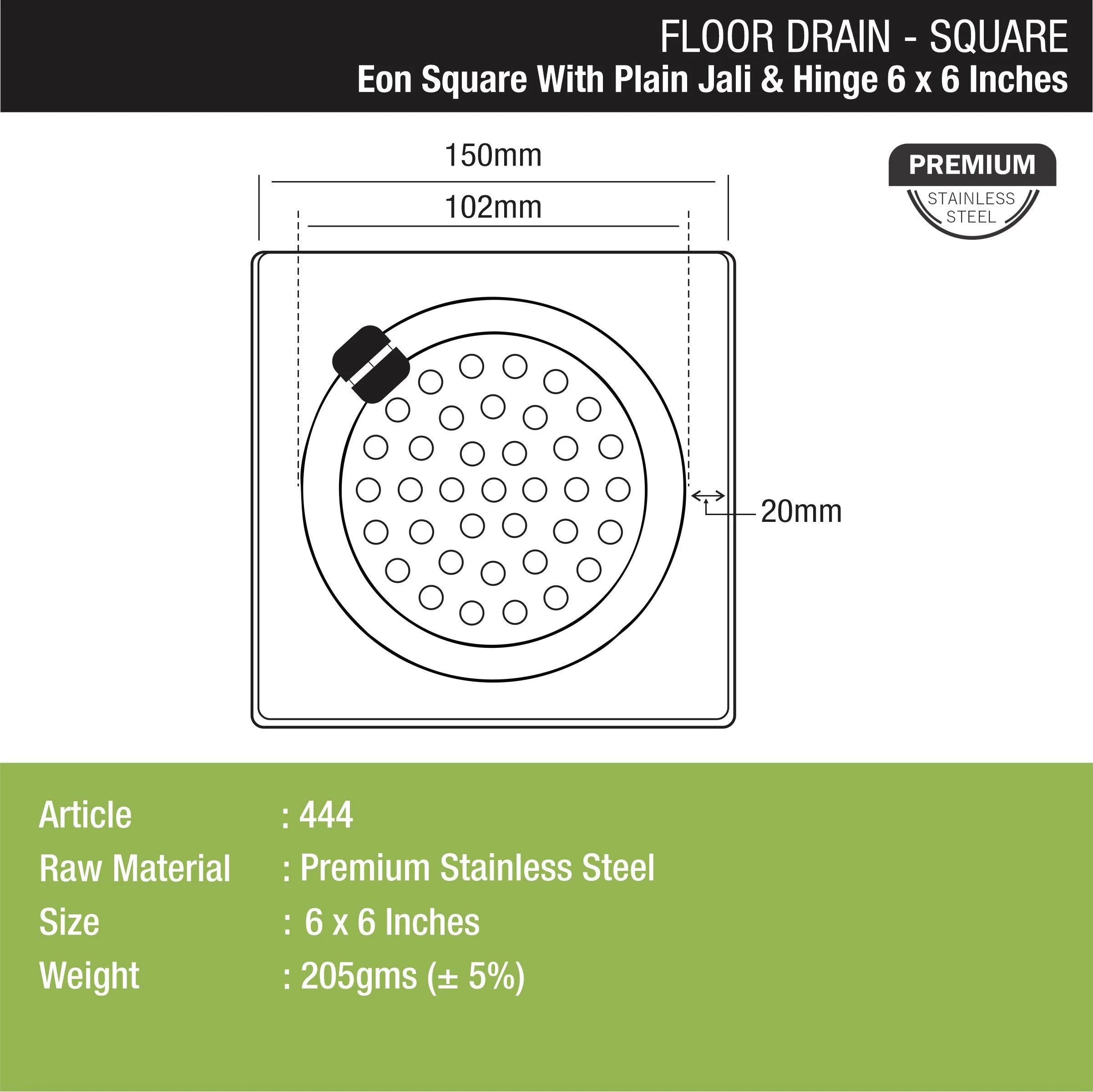 Eon Square Floor Drain with Plain Jali and Hinge (6 x 6 Inches) - LIPKA - Image 2