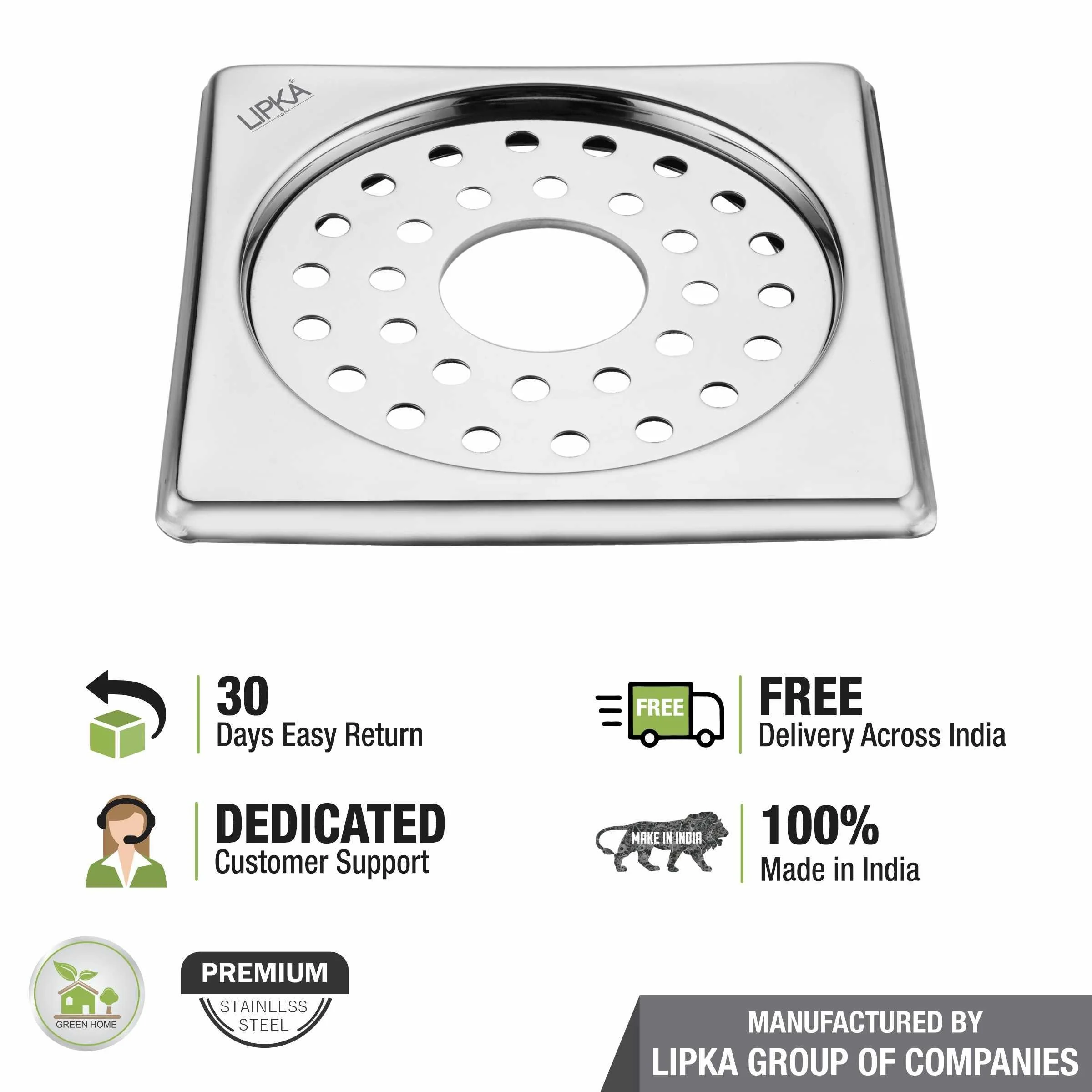 Eon Square Floor Drain with Plain Jali and Hole (5 x 5 Inches) - LIPKA - Image 5
