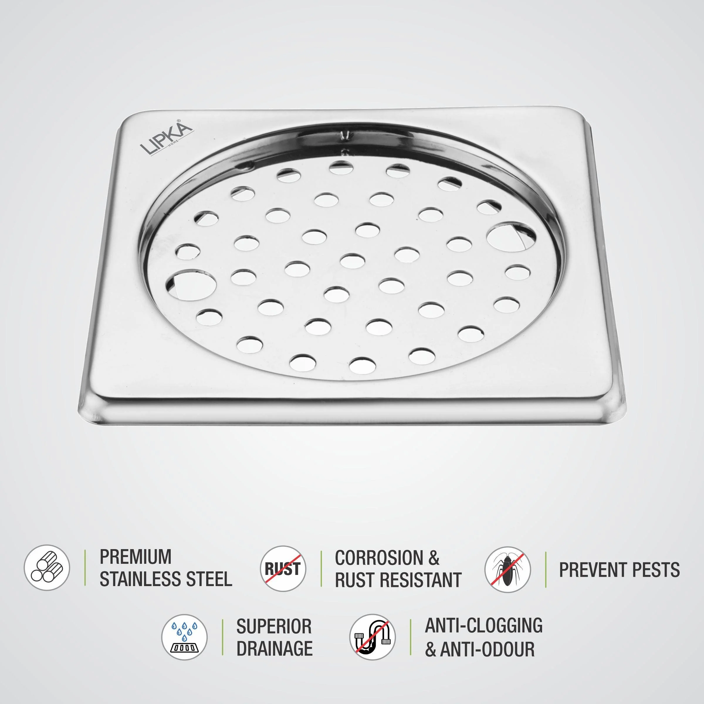 Eon Square Floor Drain with Plain Jali and Lock (5 x 5 Inches) - LIPKA - Image 3