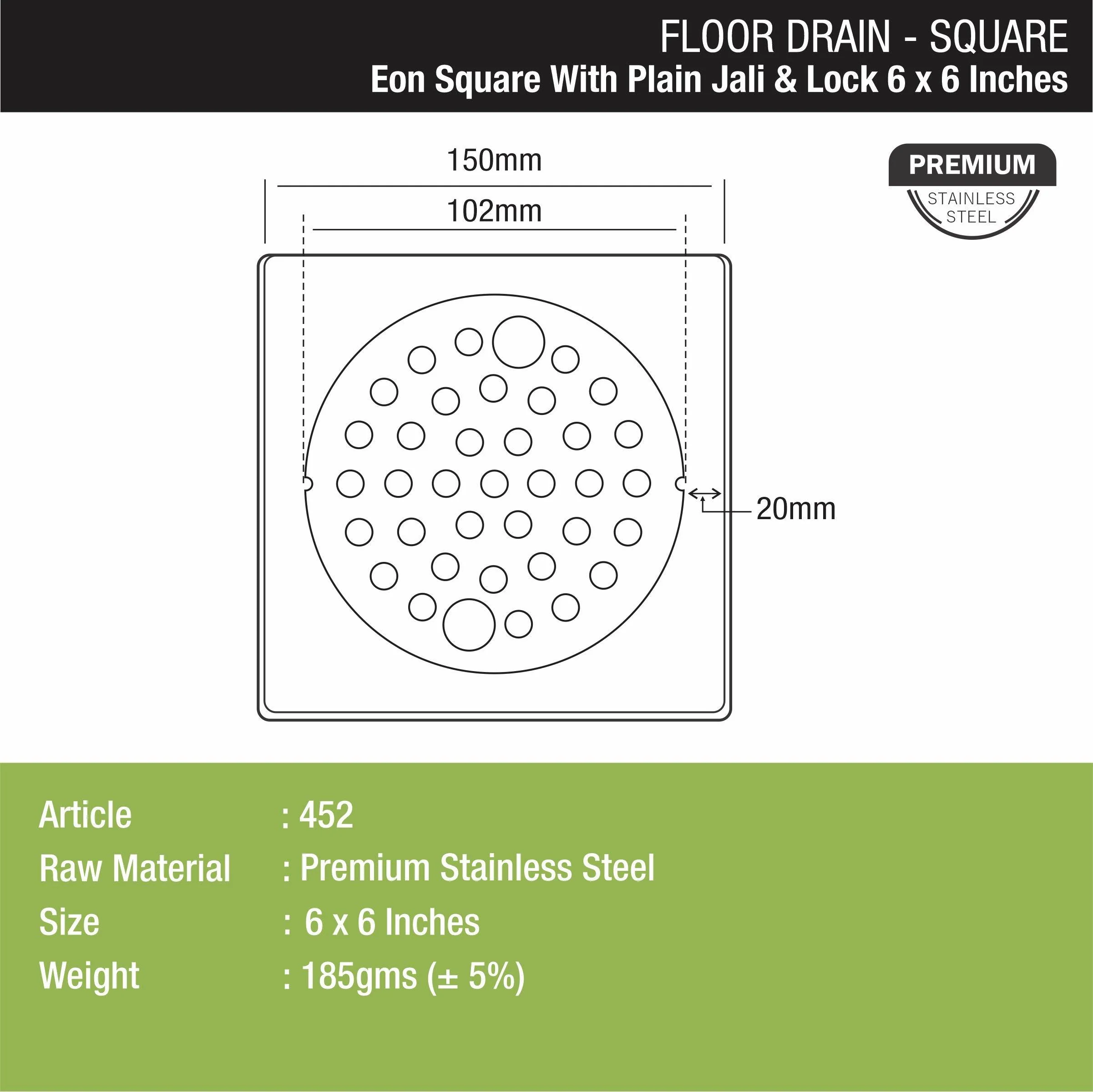 Eon Square Floor Drain with Plain Jali and Lock (6 x 6 Inches) - LIPKA - Image 2