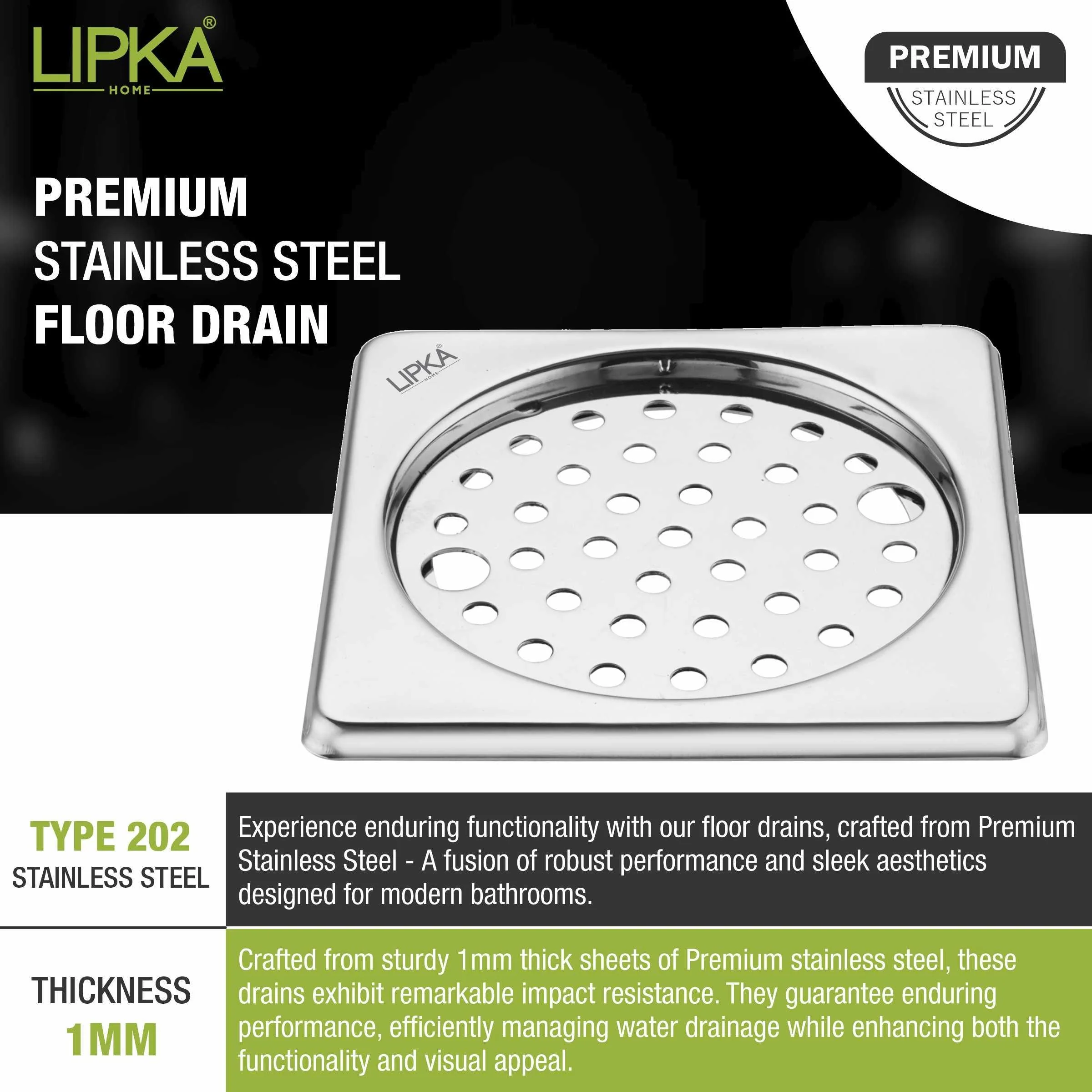 Eon Square Floor Drain with Plain Jali and Lock (6 x 6 Inches) - LIPKA - Image 4
