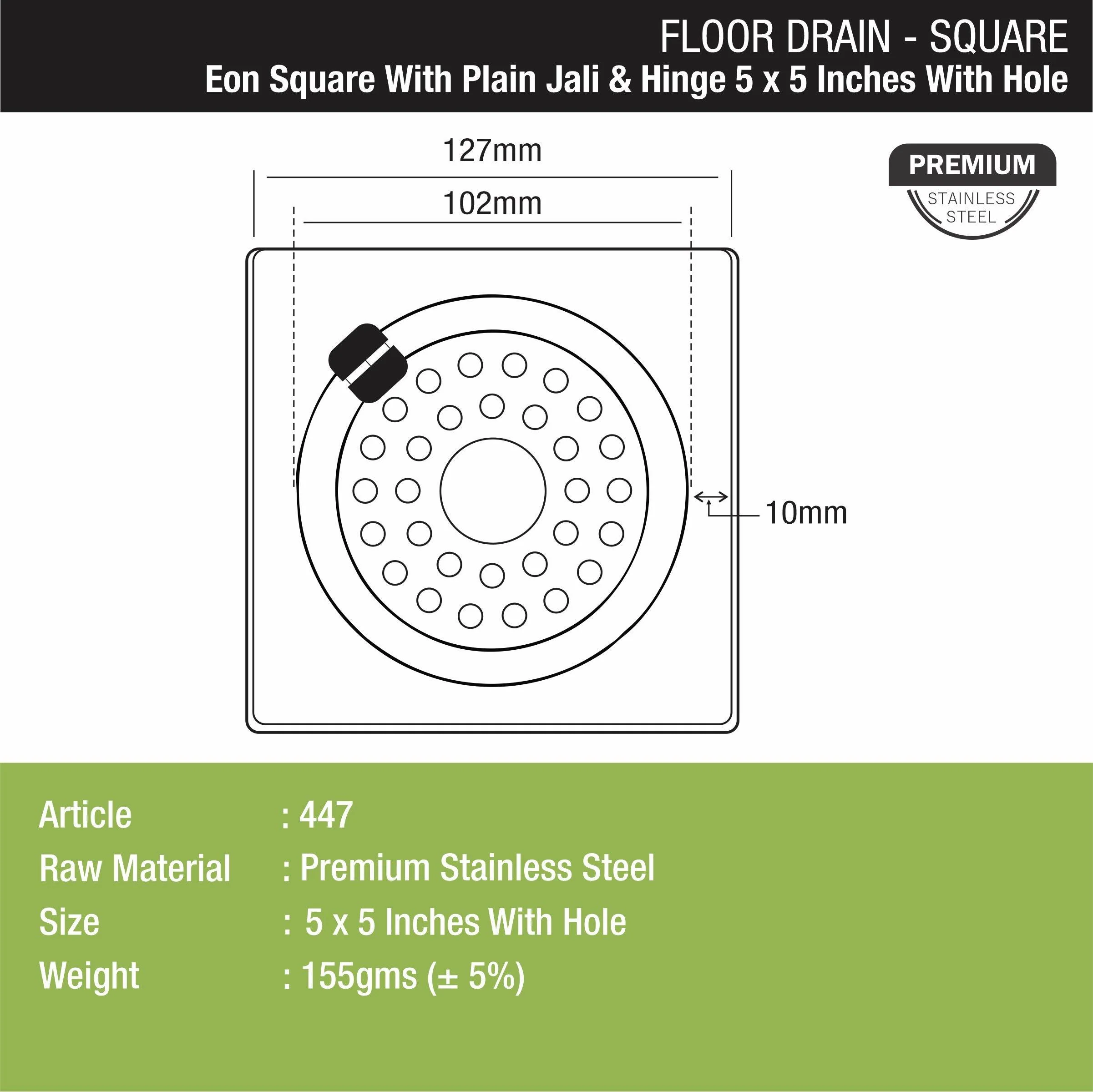 Eon Square Floor Drain with Plain Jali, Hinge and Hole (5 x 5 Inches) - LIPKA - Image 2