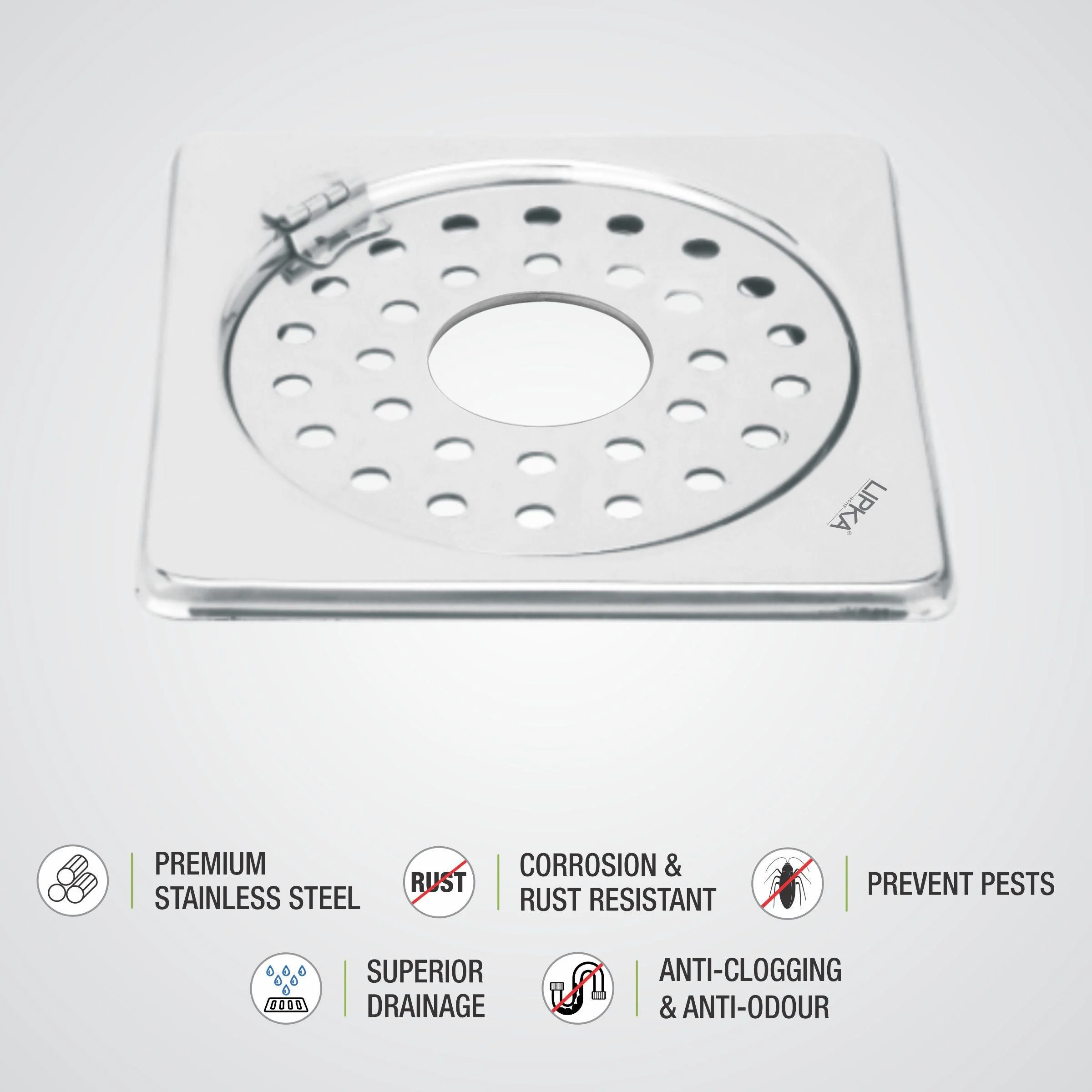 Eon Square Floor Drain with Plain Jali, Hinge and Hole (5 x 5 Inches) - LIPKA - Image 3