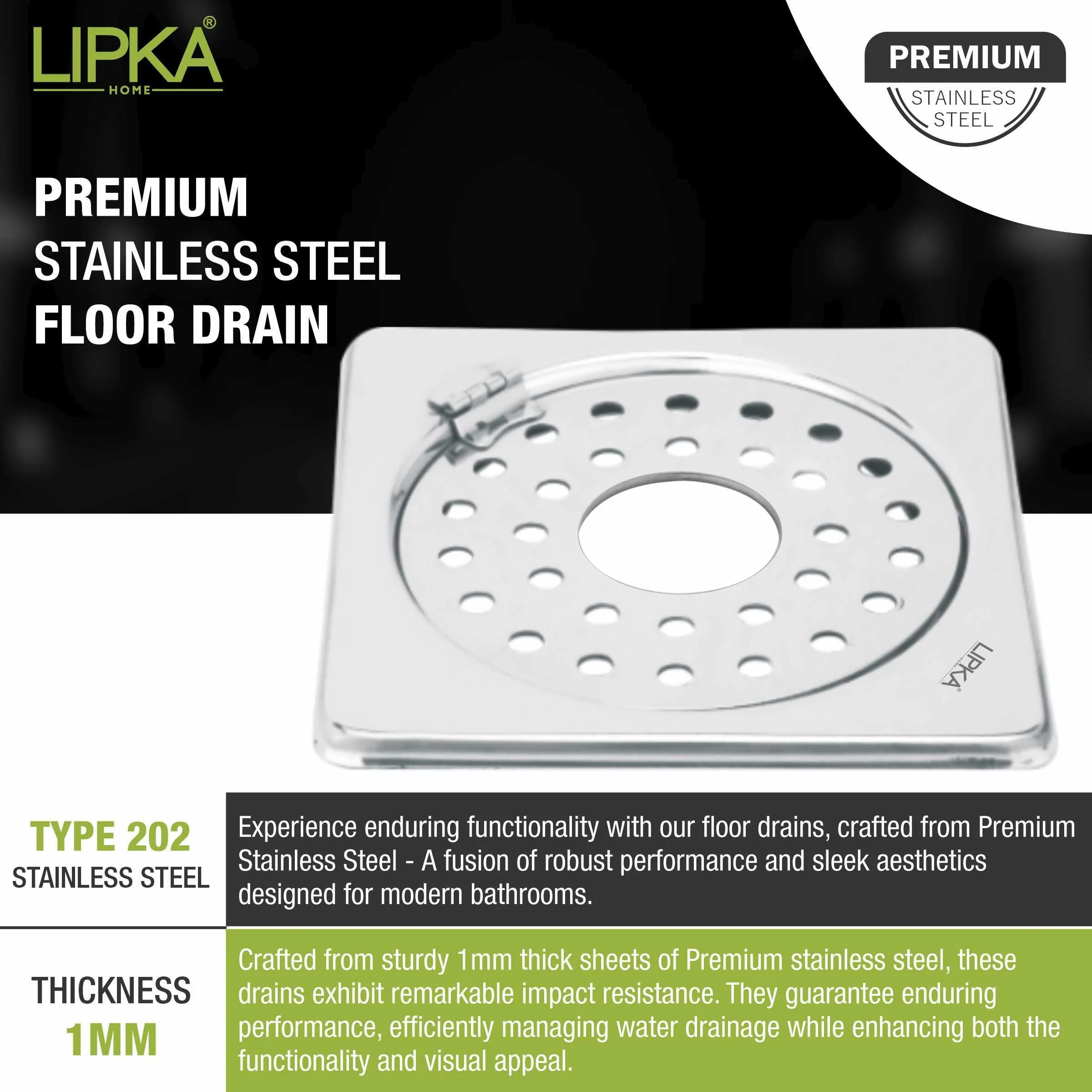 Eon Square Floor Drain with Plain Jali, Hinge and Hole (5 x 5 Inches) - LIPKA - Image 4