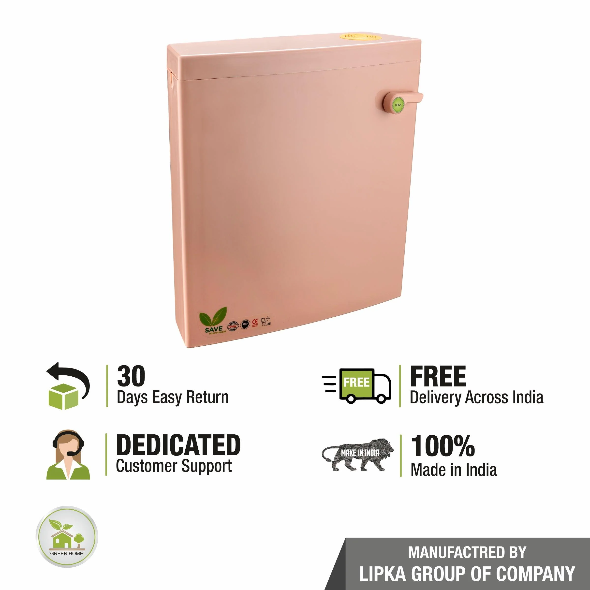 Square Flushing Cistern/ Flush Tank (Pink) |Commode not included| - LIPKA - Image 6