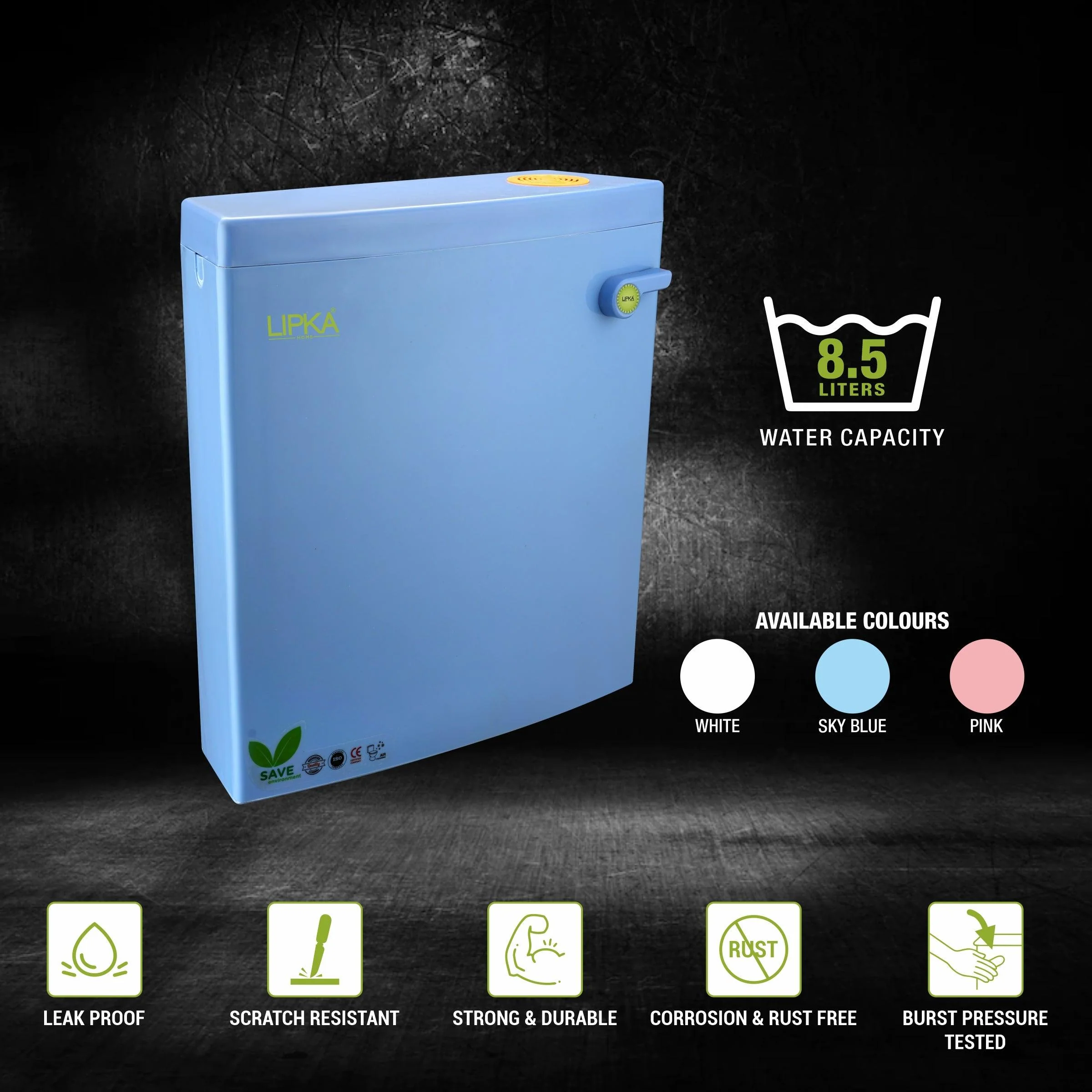 Square Flushing Cistern/ Flush Tank (Blue) |Commode not included| - LIPKA - Image 4