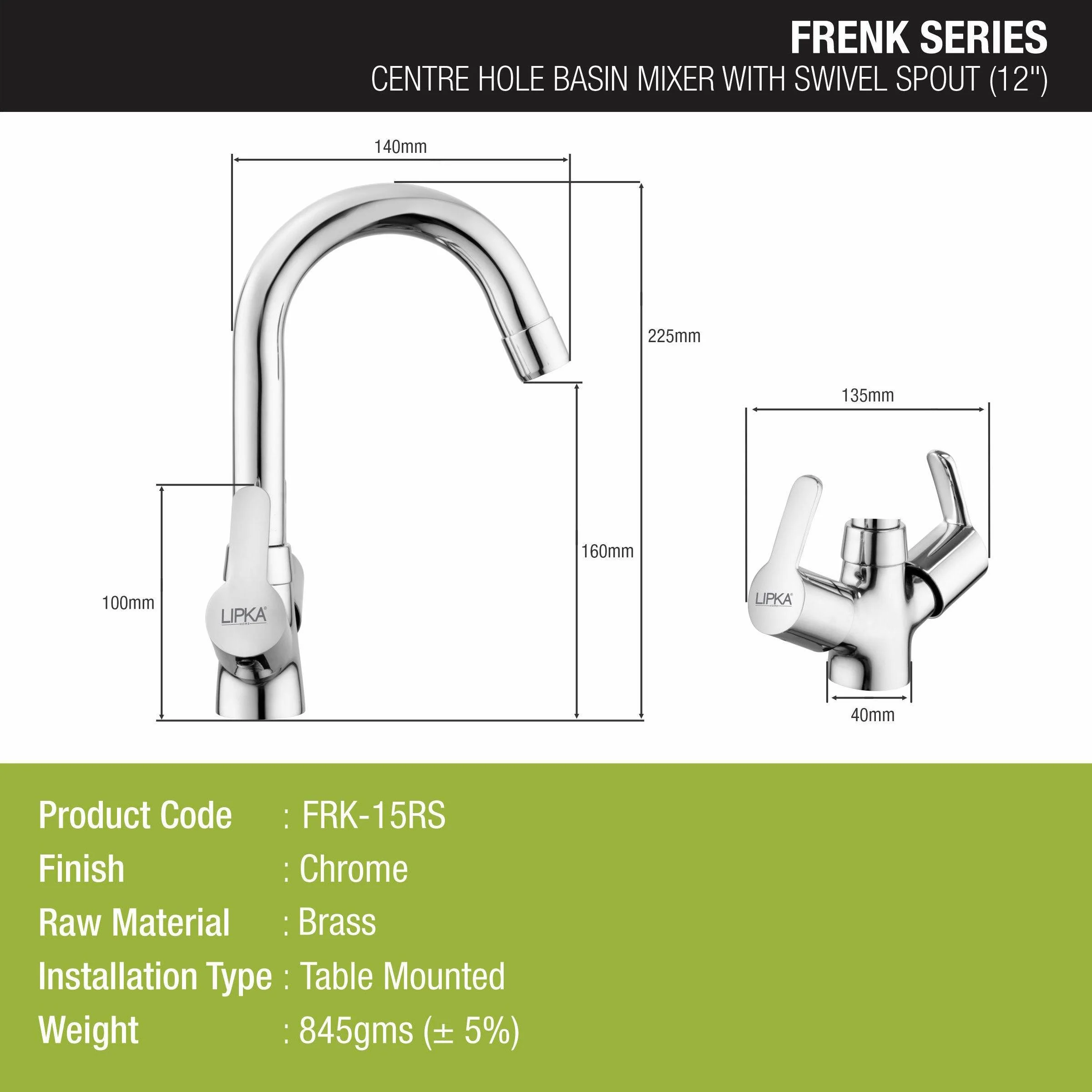 Frenk Centre Hole Basin Mixer Brass Faucet with Round Swivel Spout (12 Inches) - LIPKA - Image 2