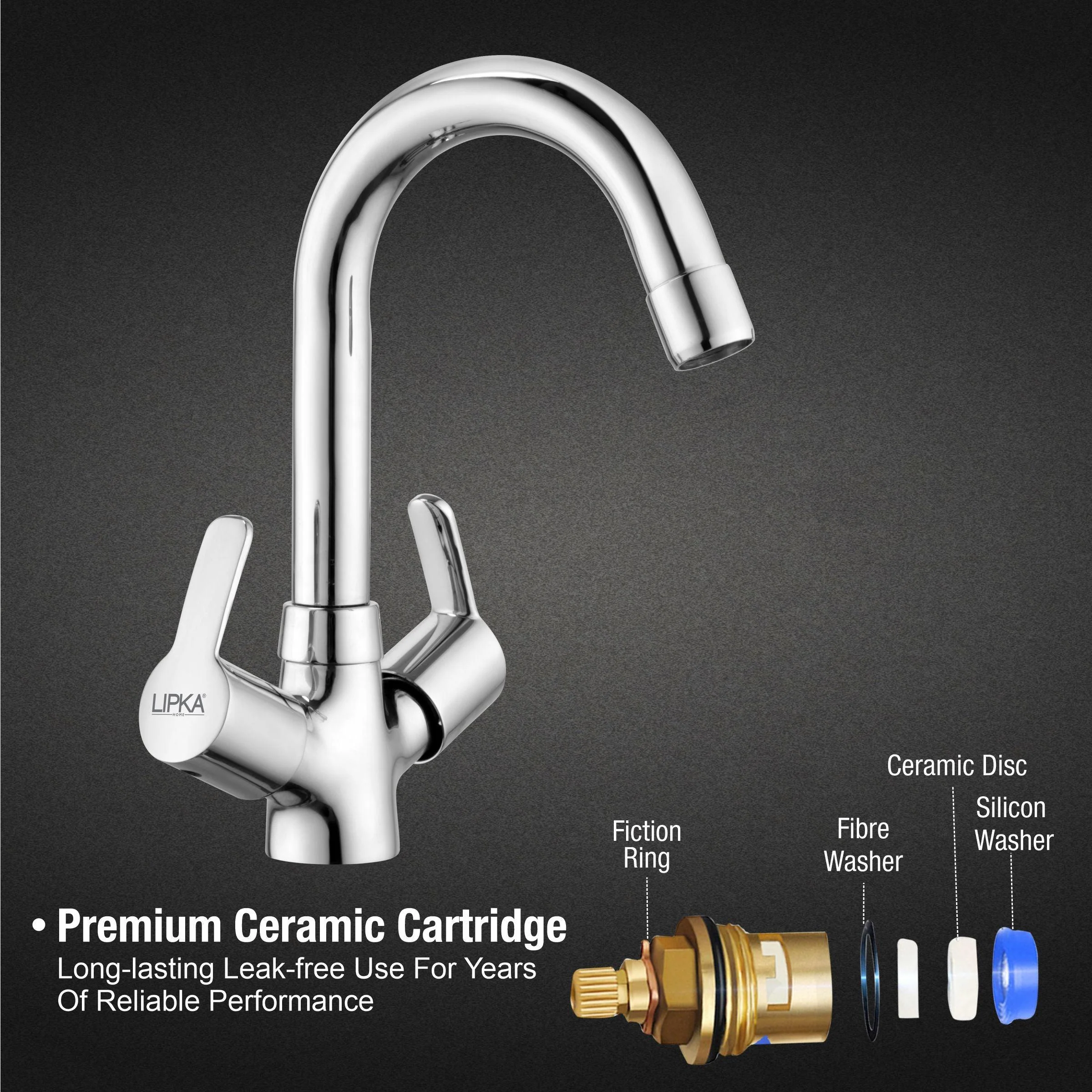Frenk Centre Hole Basin Mixer Brass Faucet with Round Swivel Spout (12 Inches) - LIPKA - Image 3