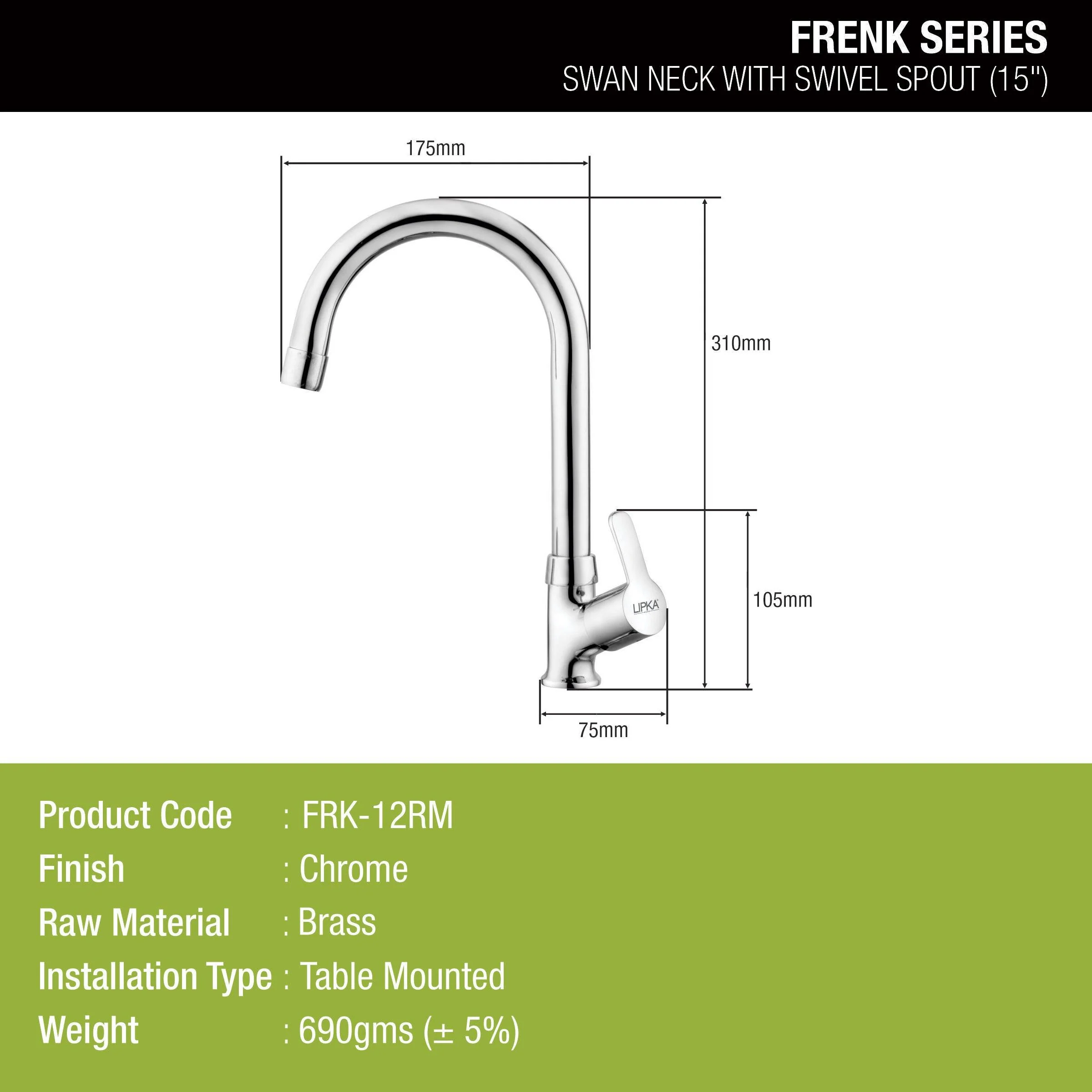 Frenk Swan Neck Brass Faucet with Round Swivel Spout (15 Inches) - LIPKA - Image 2