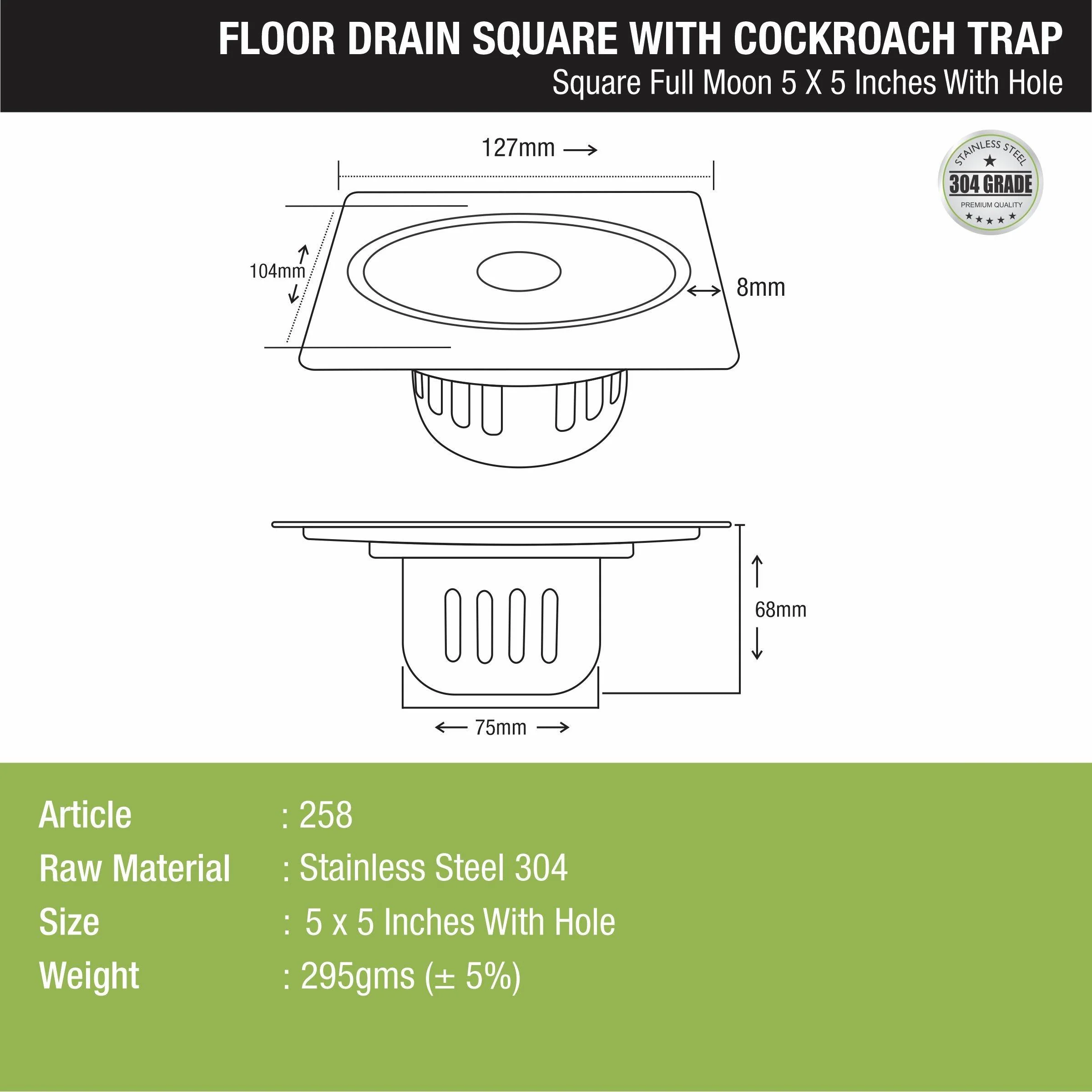 Full Moon Square Floor Drain (5 x 5 Inches) with Hole and Cockroach Trap - LIPKA - Image 2