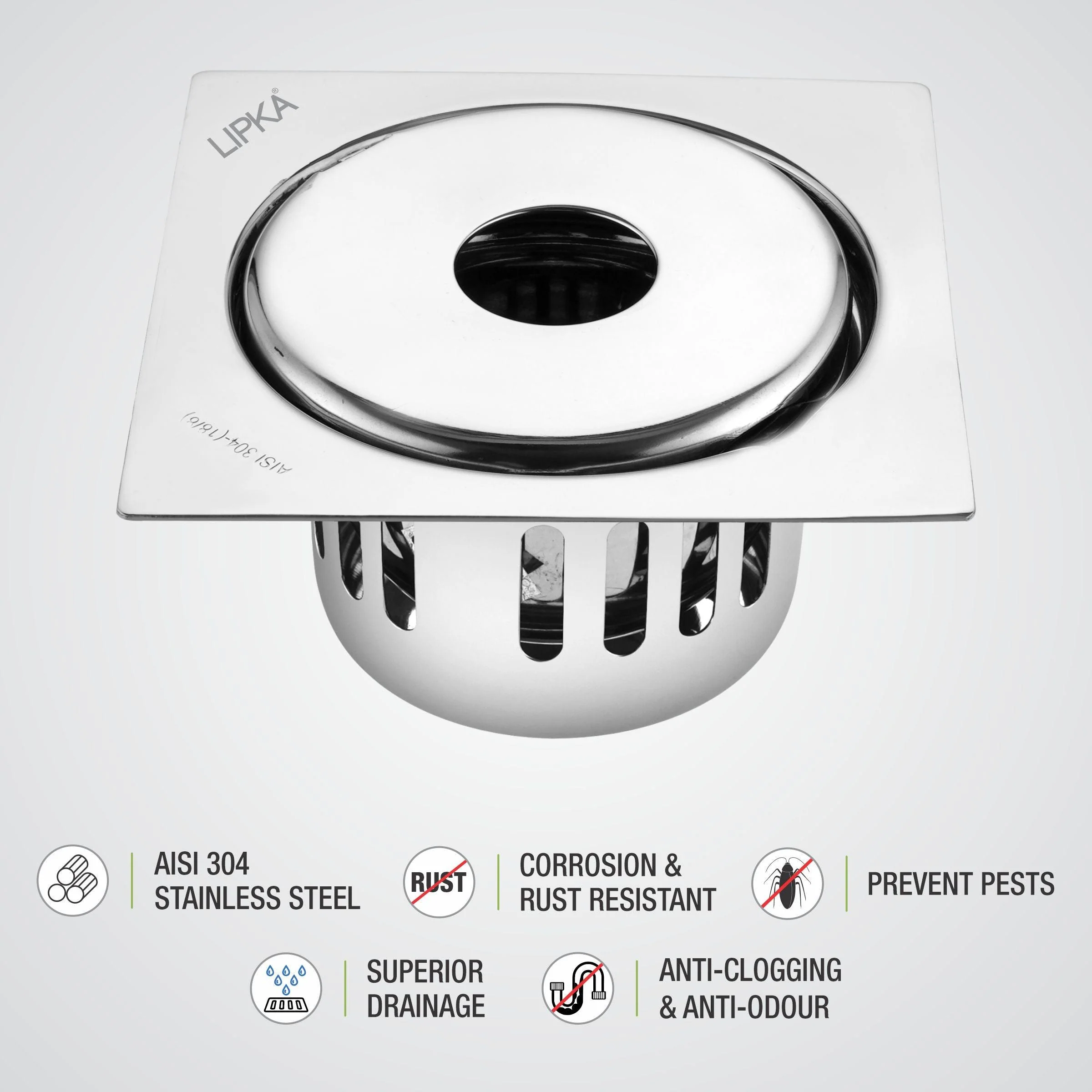 Full Moon Square Floor Drain (5 x 5 Inches) with Hole and Cockroach Trap - LIPKA - Image 3