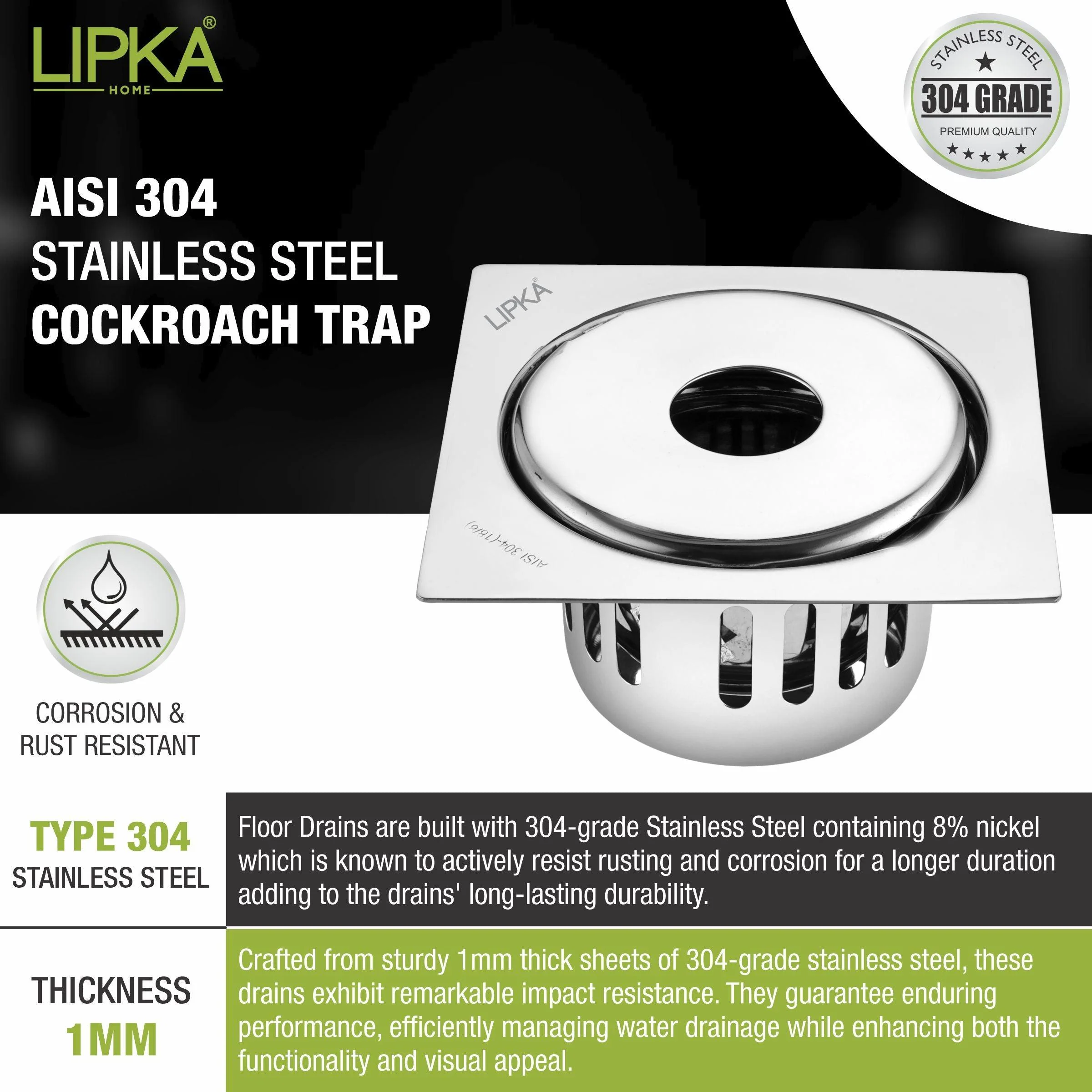 Full Moon Square Floor Drain (6 x 6 Inches) with Hole and Cockroach Trap - LIPKA - Image 5