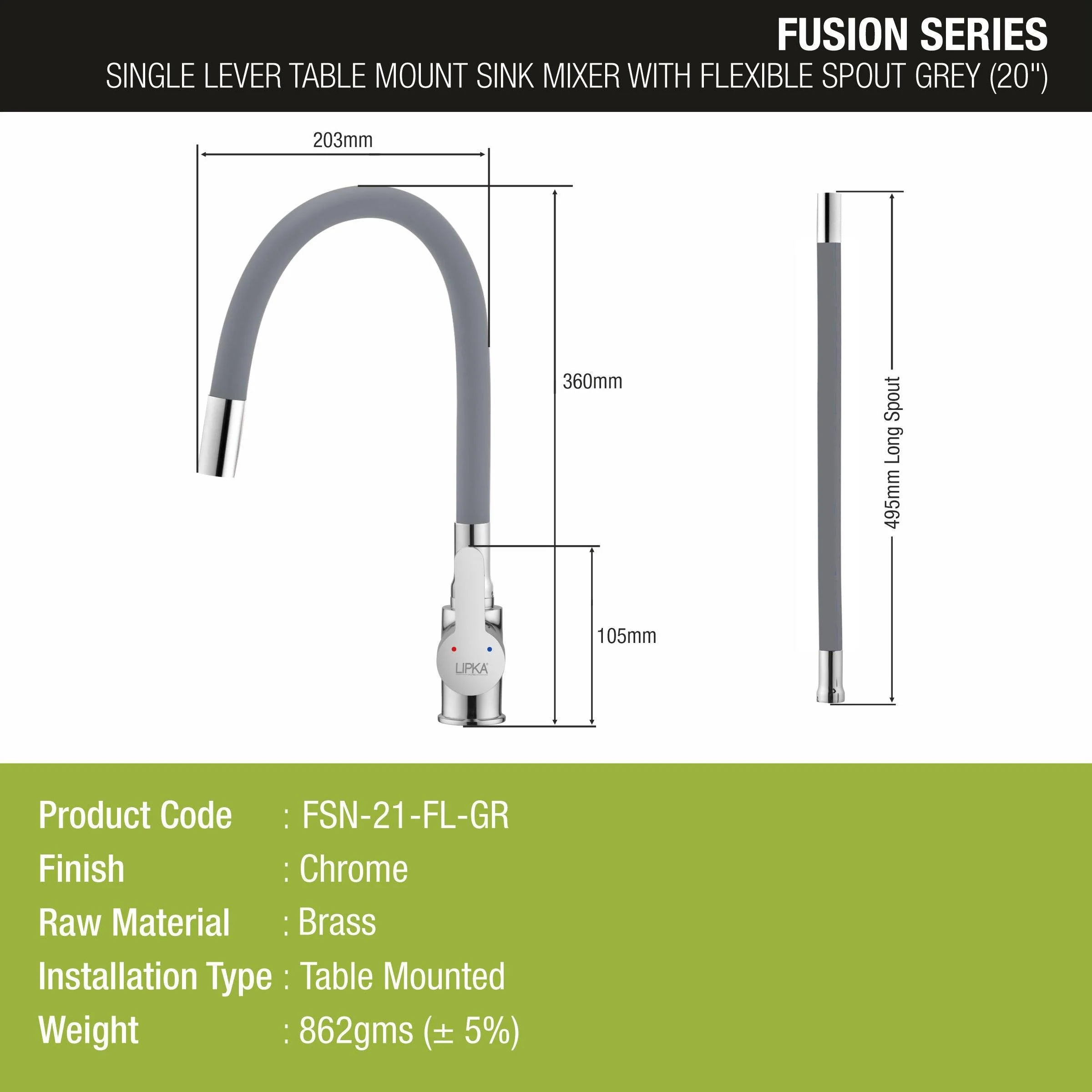 Fusion Single Lever Table Mount Sink Mixer Brass Faucet with Flexible Silicone Spout (Grey) - LIPKA - Image 2
