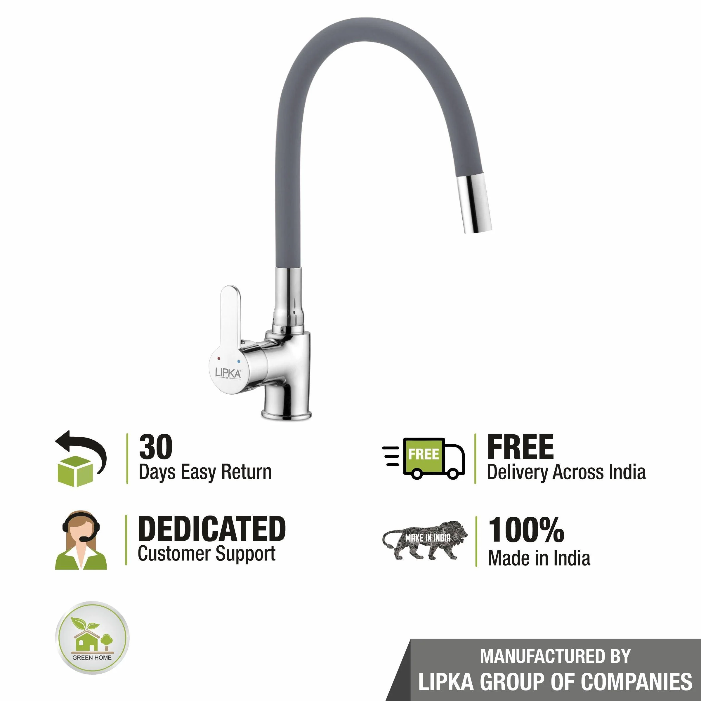 Fusion Single Lever Table Mount Sink Mixer Brass Faucet with Flexible Silicone Spout (Grey) - LIPKA - Image 5