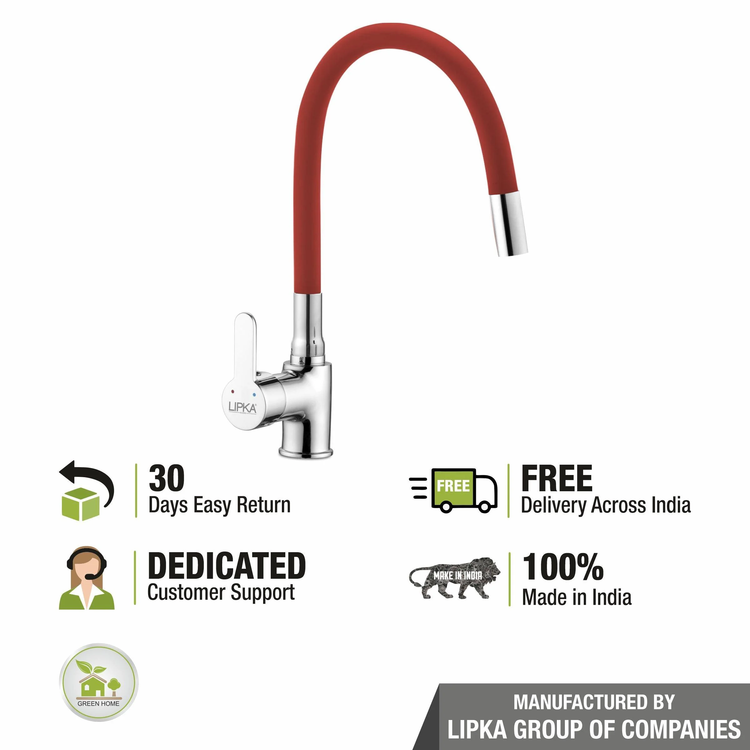Fusion Single Lever Table Mount Sink Mixer Brass Faucet with Flexible Silicone Spout (Red) - LIPKA - Image 4