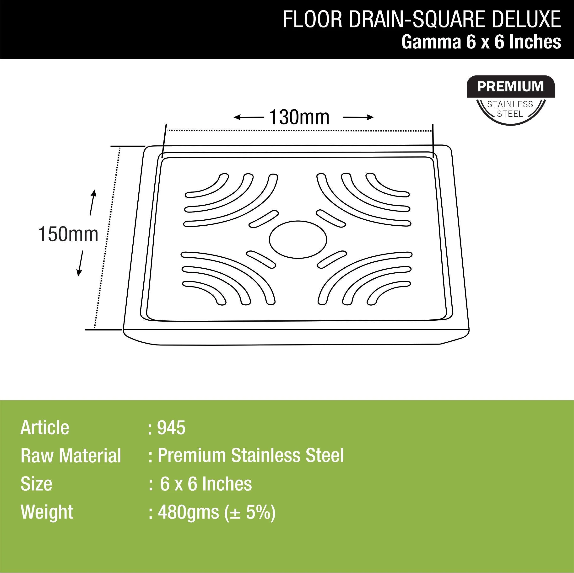 Gamma Deluxe Square Floor Drain (6 x 6 Inches) with Hole - LIPKA - Image 2