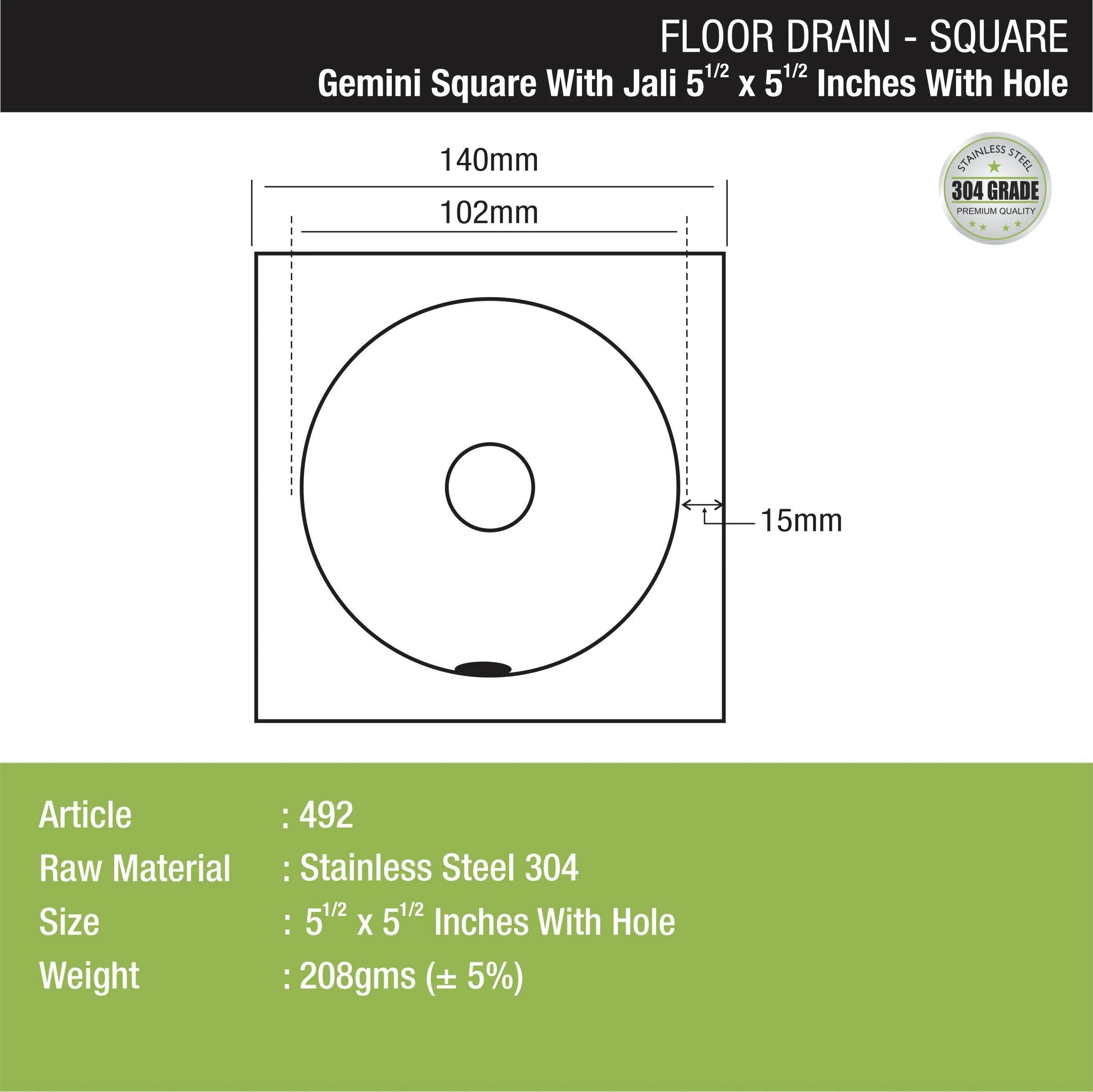 Gemini Square Floor Drain with Jali and Hole (5.5 x 5.5 Inches) with Hole - LIPKA - Image 2