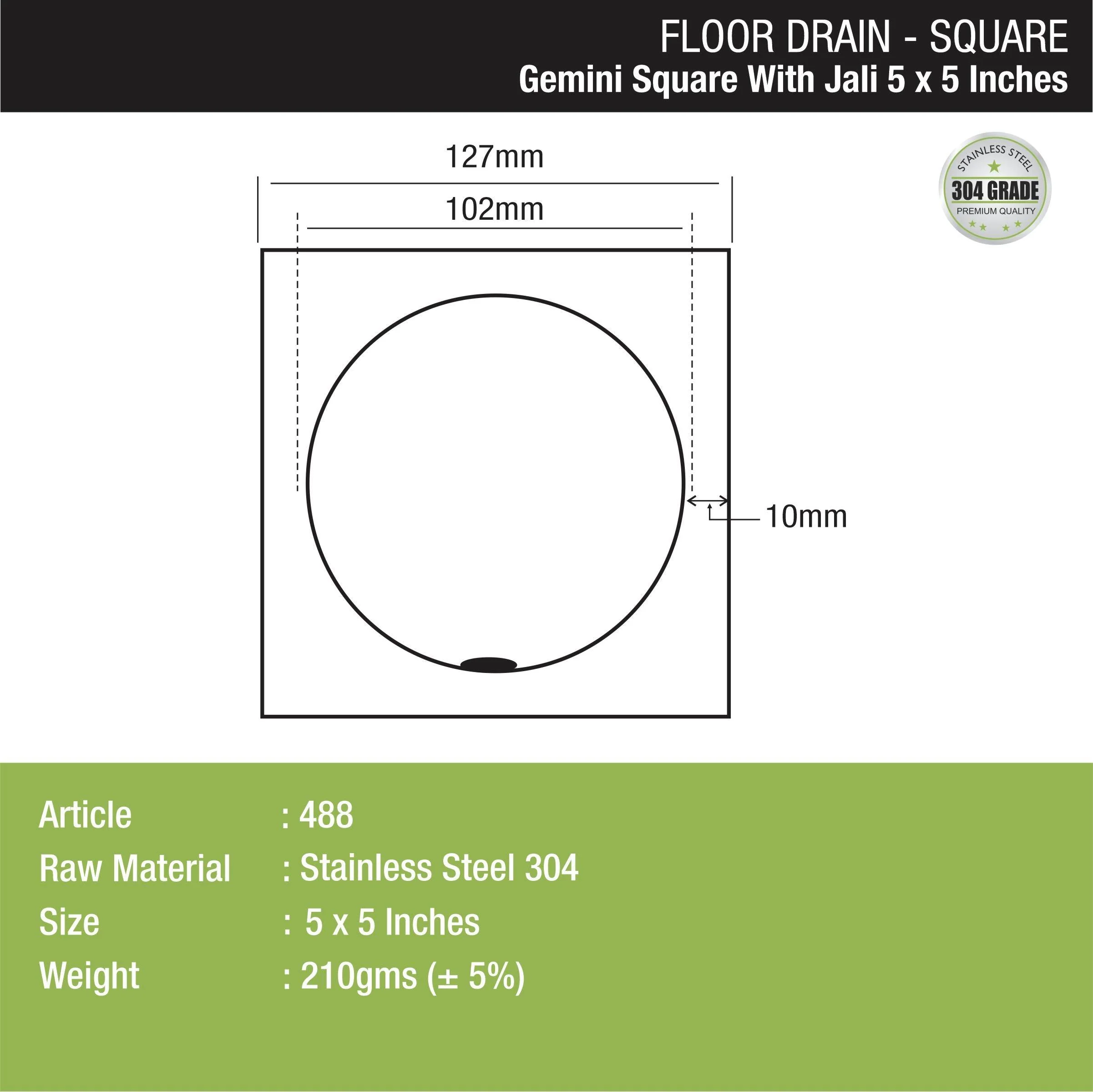 Gemini Square Floor Drain with Jali (5 x 5 Inches) - LIPKA - Image 2