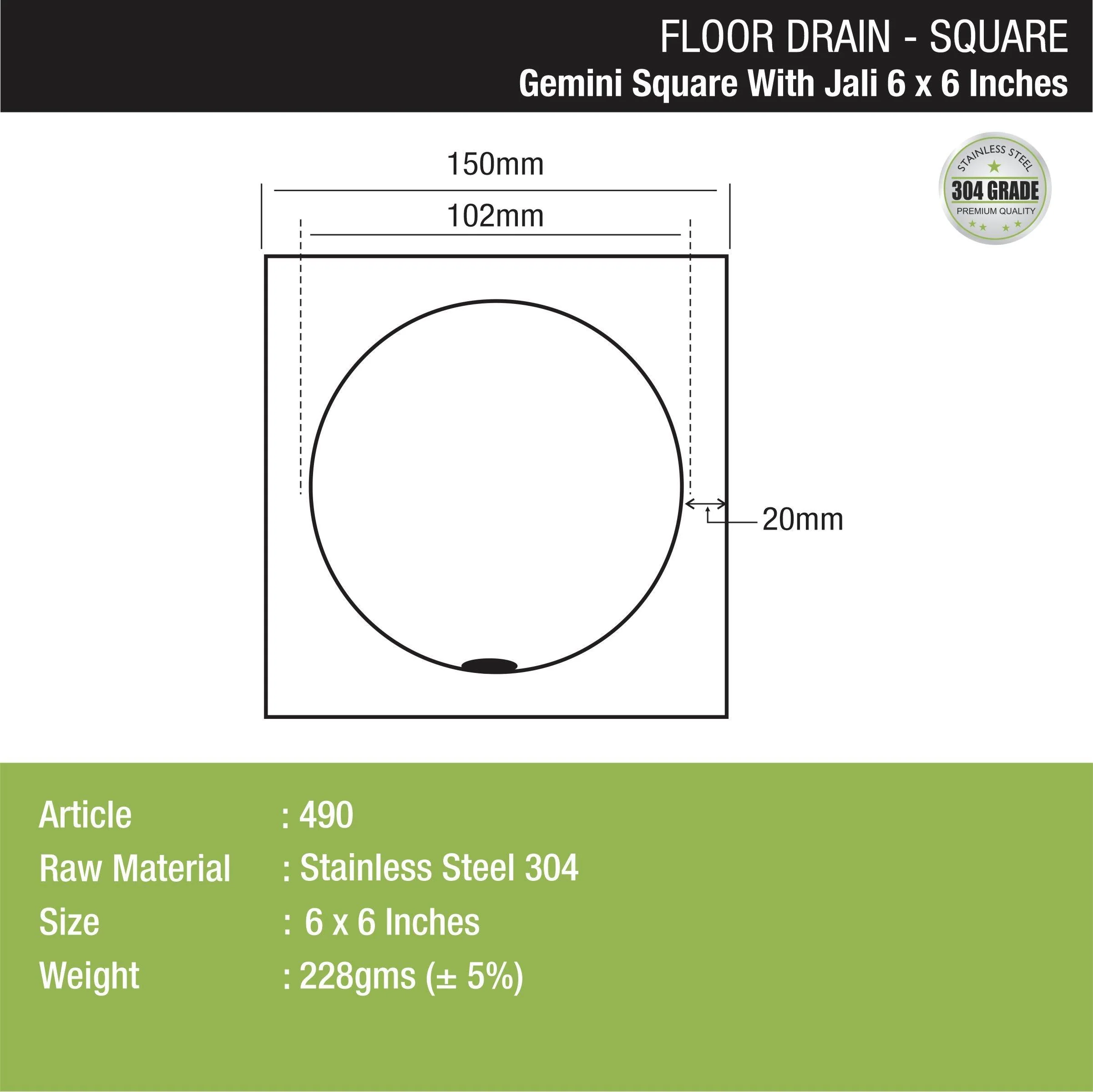 Gemini Square Floor Drain with Jali (6 x 6 Inches) - LIPKA - Image 2