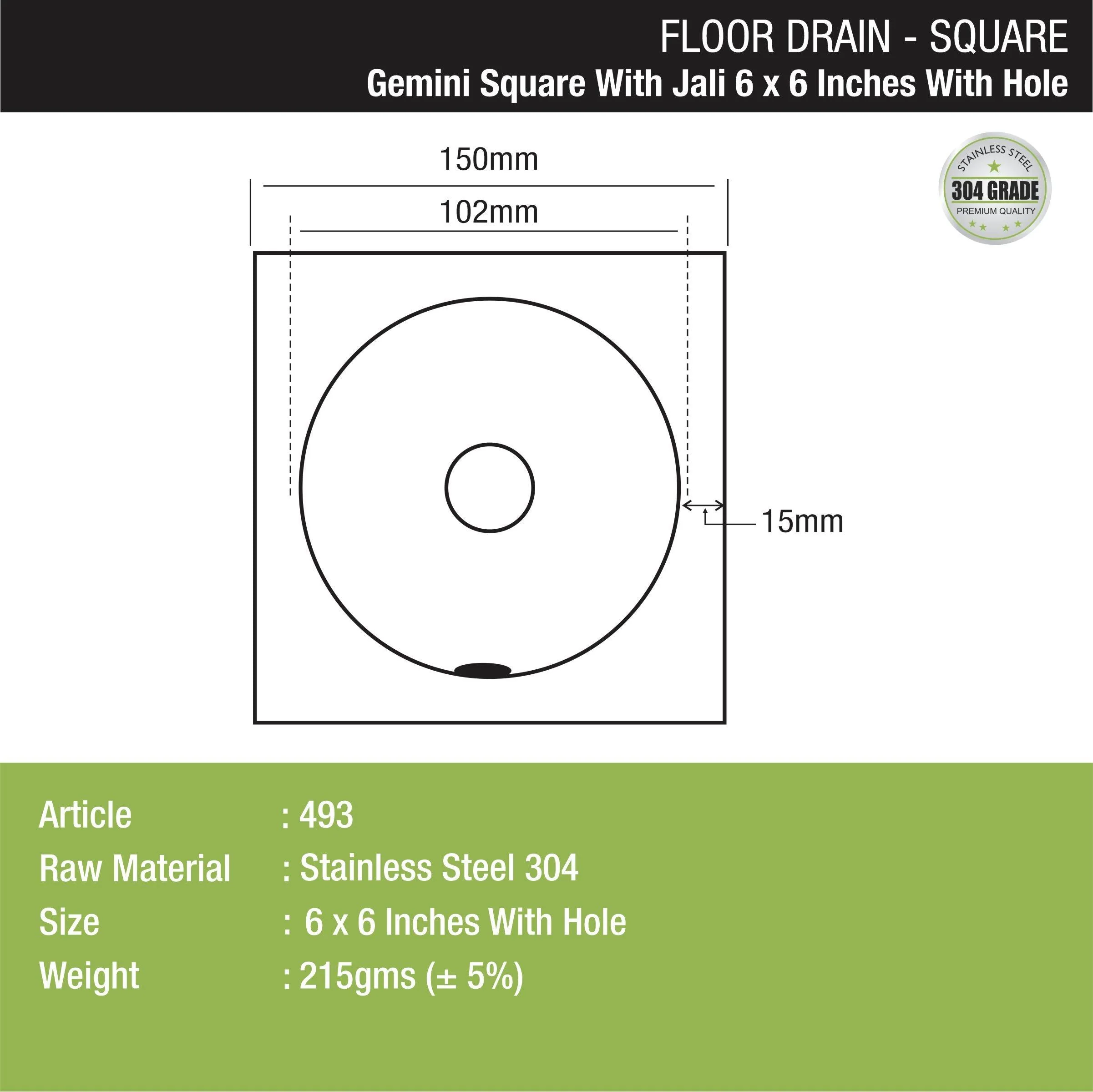 Gemini Square Floor Drain with Jali and Hole (6 x 6 Inches) with Hole - LIPKA - Image 2