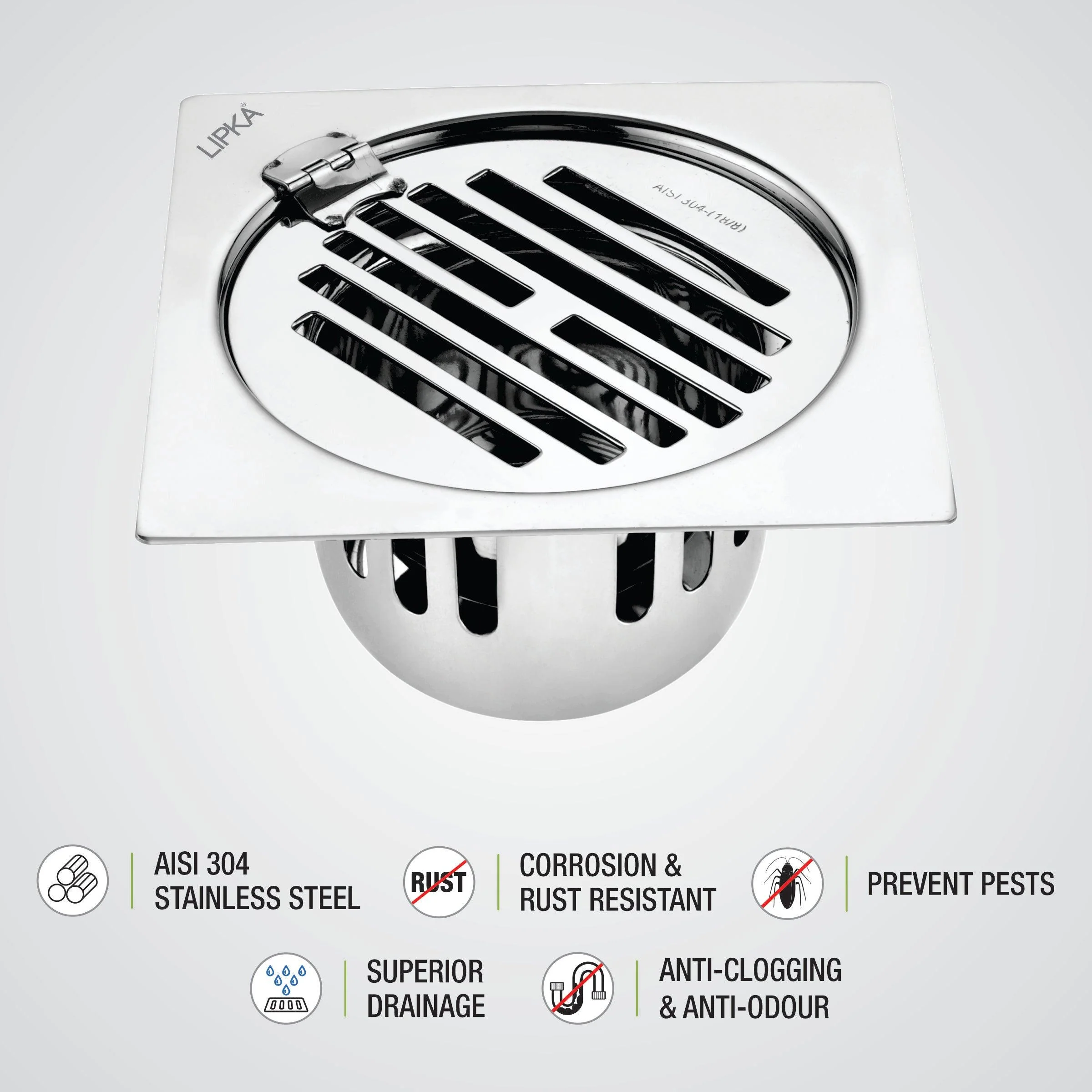 Golden Classic Jali Square Flat Cut Floor Drain (5.5 x 5.5 Inches) with Hinge and Cockroach Trap - LIPKA - Image 3