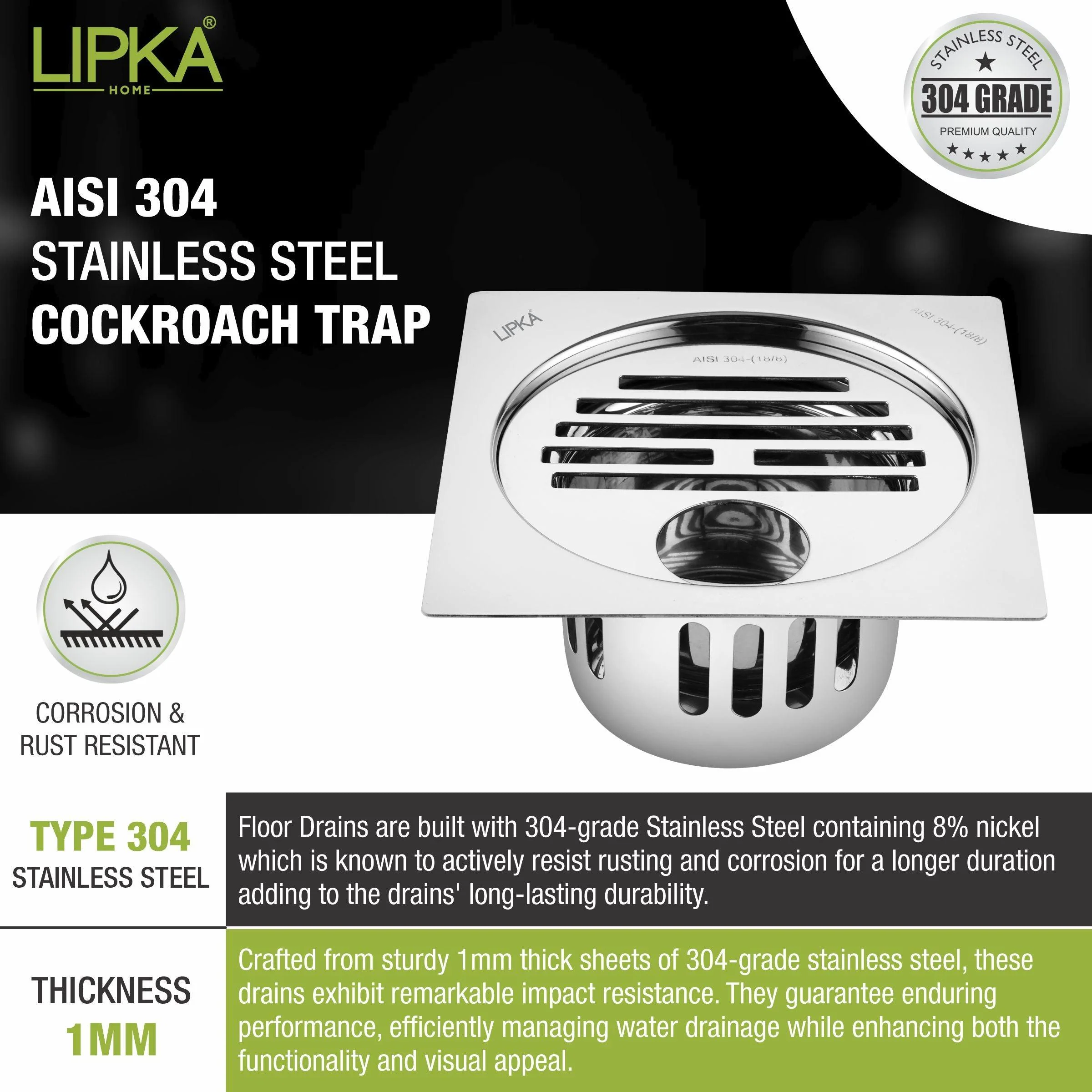 Golden Classic Jali Square Flat Cut Floor Drain (5.5 x 5.5 Inches) with Hole and Cockroach Trap - LIPKA - Image 4