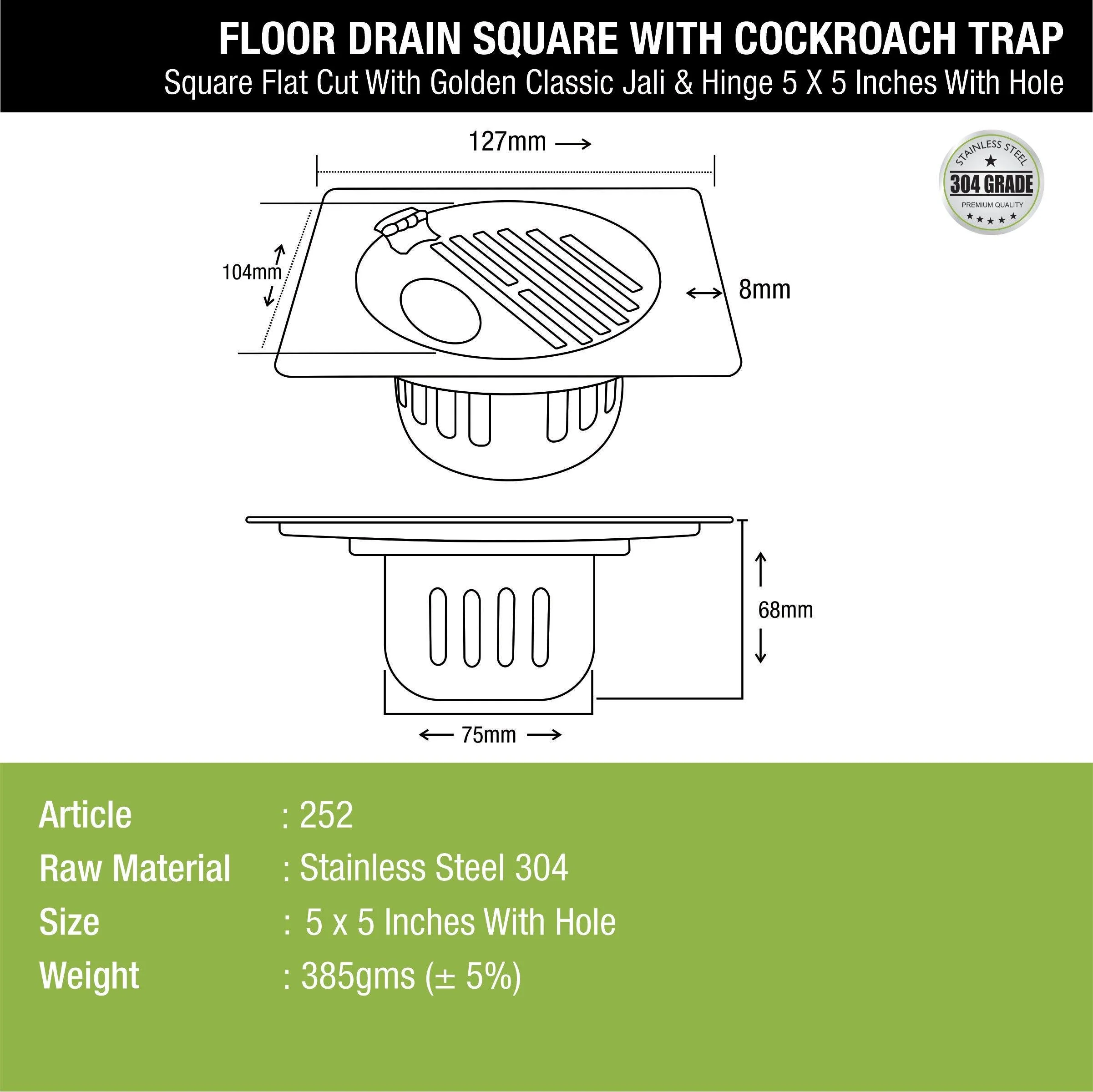 Golden Classic Jali Square Flat Cut Floor Drain (5 x 5 Inches) with Hinge, Hole and Cockroach Trap - LIPKA - Image 2