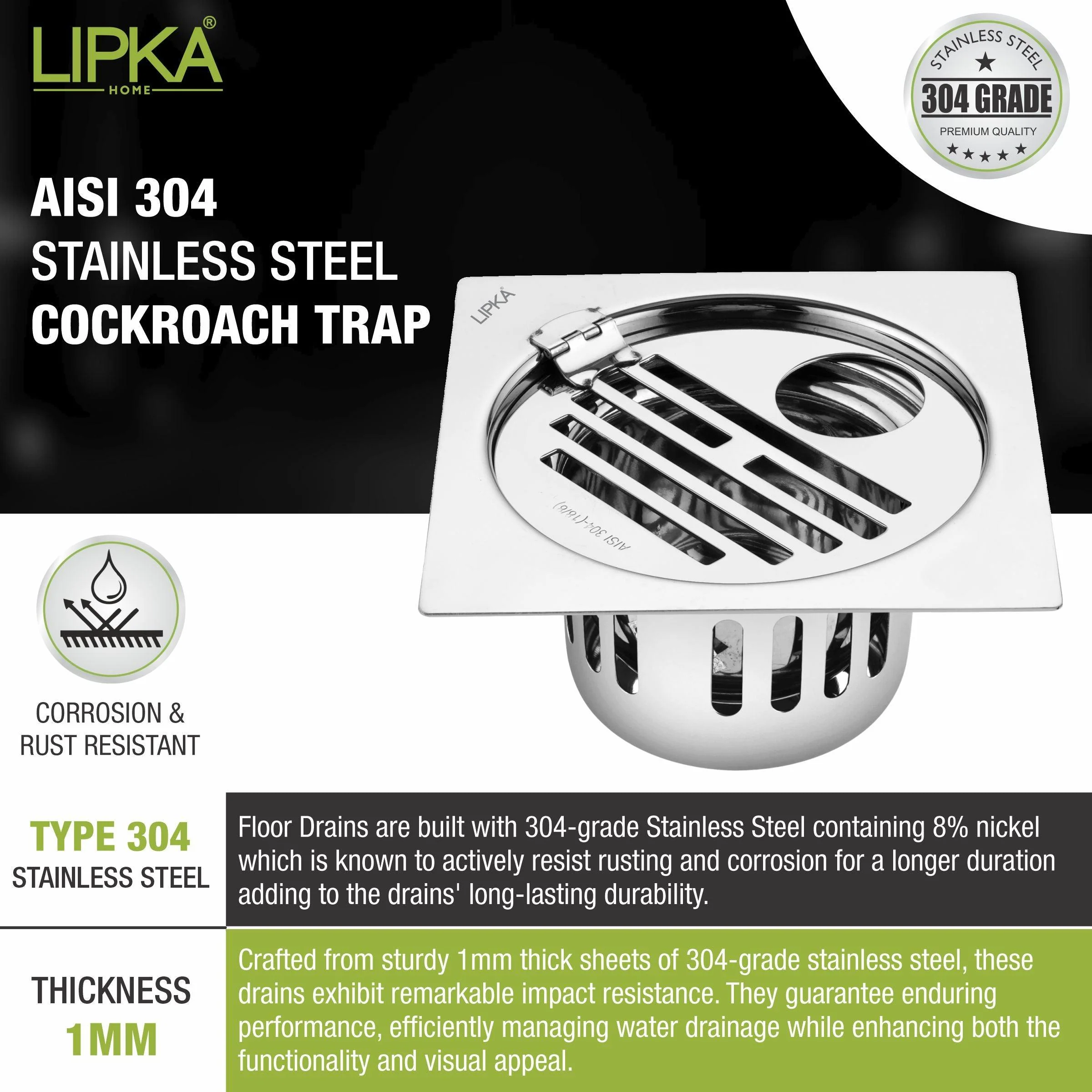 Golden Classic Jali Square Flat Cut Floor Drain (5 x 5 Inches) with Hinge, Hole and Cockroach Trap - LIPKA - Image 4