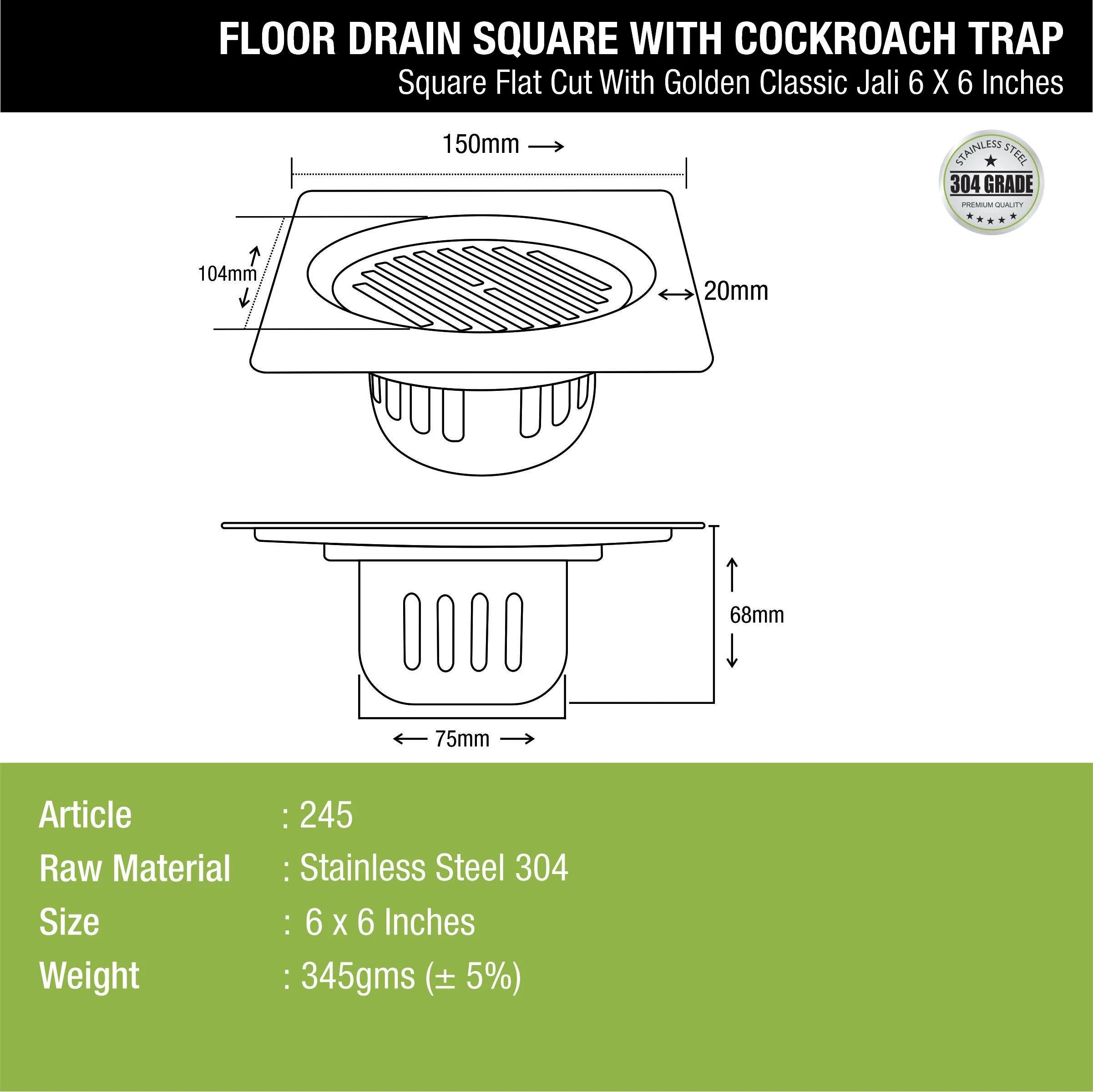 Golden Classic Jali Square Flat Cut Floor Drain (6 x 6 Inches) with Cockroach Trap - LIPKA - Image 2