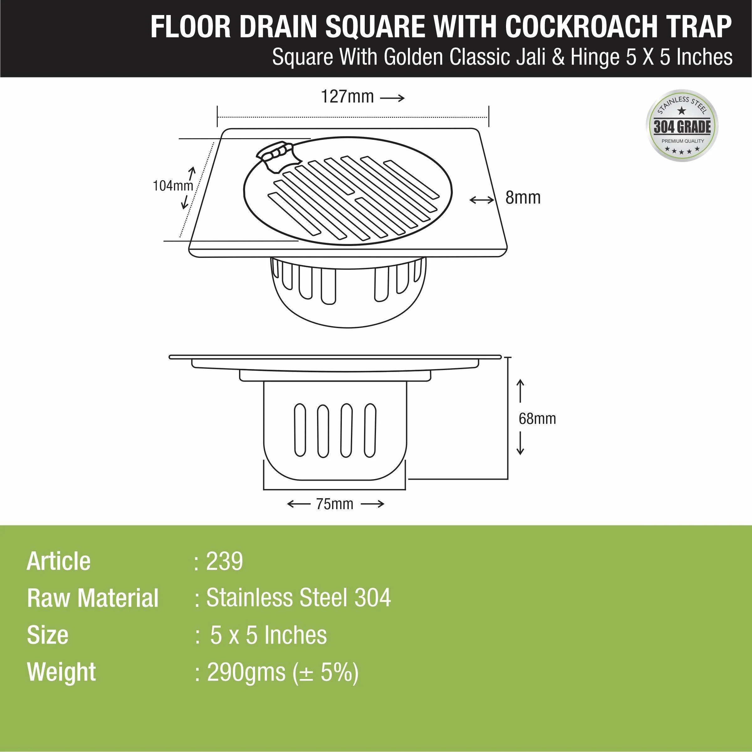 Golden Classic Jali Square Floor Drain (5 x 5 Inches) with Hinge and Cockroach Trap - LIPKA - Image 2
