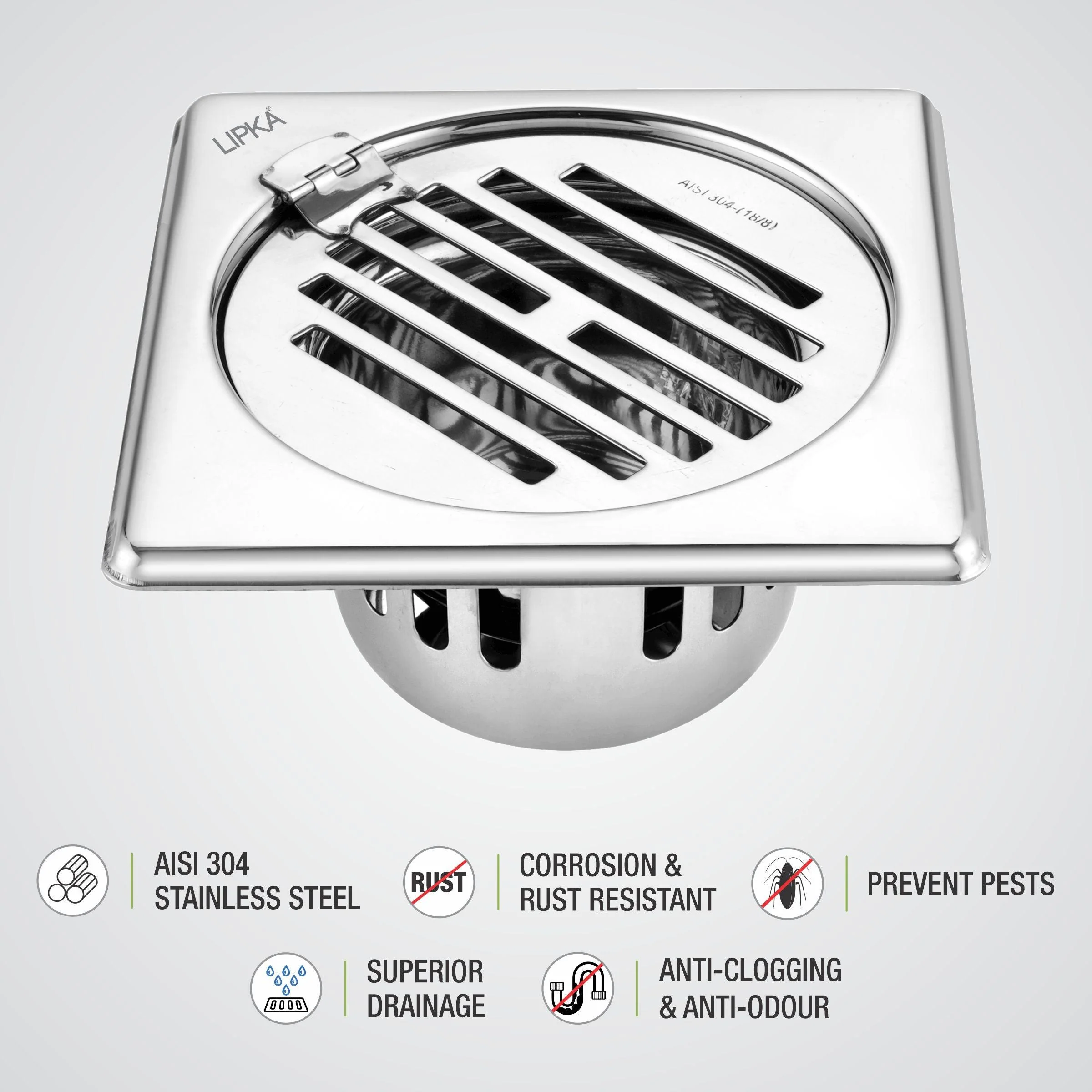 Golden Classic Jali Square Floor Drain (5 x 5 Inches) with Hinge and Cockroach Trap - LIPKA - Image 3
