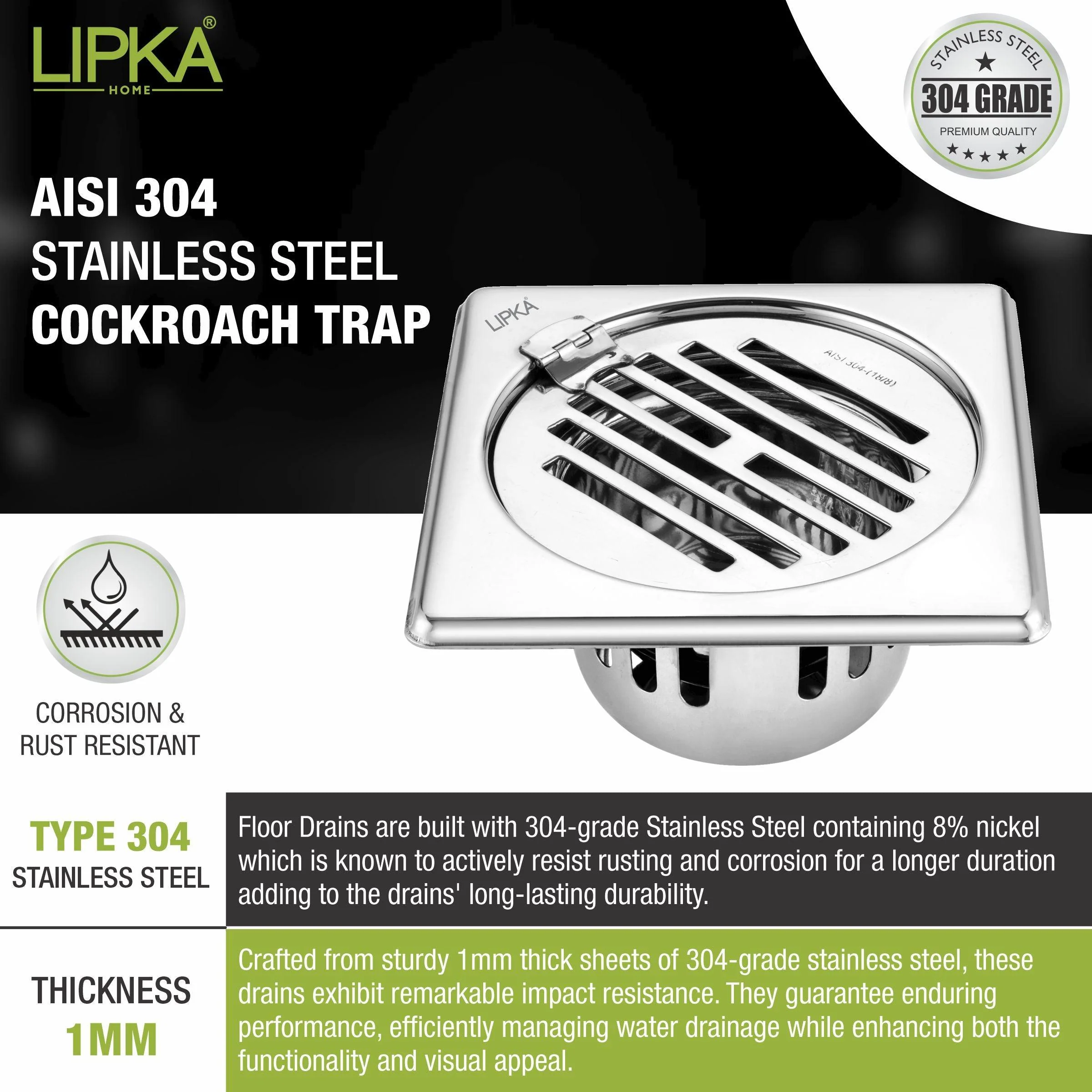 Golden Classic Jali Square Floor Drain (5 x 5 Inches) with Hinge and Cockroach Trap - LIPKA - Image 5